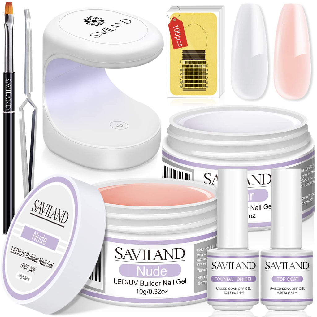SAVILAND Builder Nail Gel Set – 2 Basic Colors for Home Nail Extensions, Foundation & Top Gel, LED Lamp, 100 Nail Forms