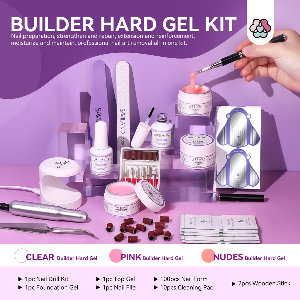 SAVILAND Builder Nail Gel Set with Nail Drill – 3 Gels + Mini Lamp