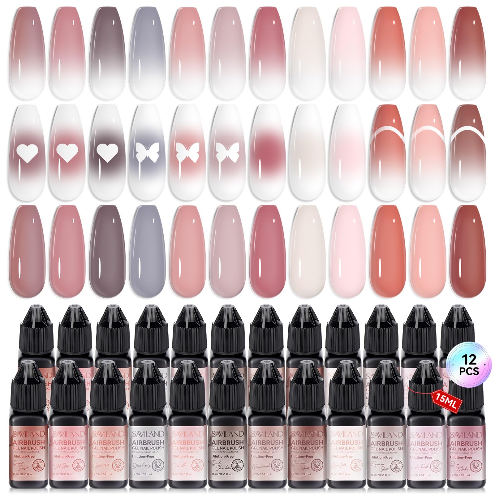 SAVILAND Airbrush Gel Polish Hema-Free – 12-Piece Cappuccino Nail Color Set for Gradient & Ombre