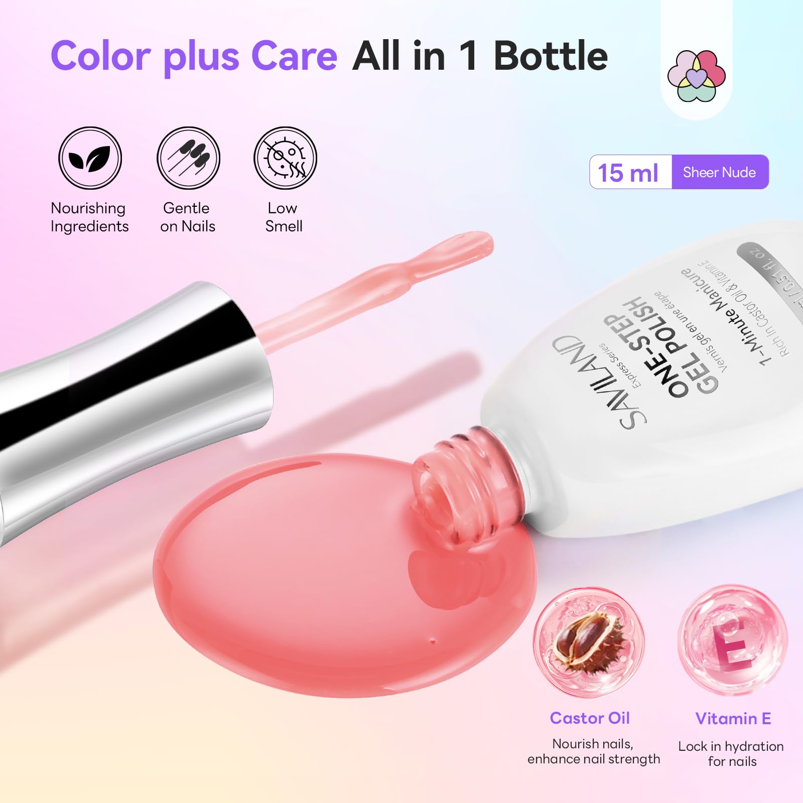 SAVILAND One-Step Gel Nail Polish Kit – Sheer Jelly Nude 5-in-1, Quick-Cure UV Lamp, Home DIY Manicure