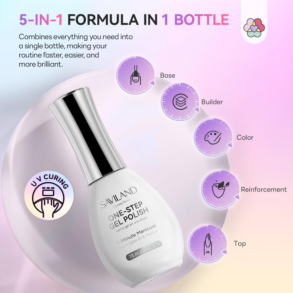 SAVILAND One-Step Gel Nail Polish Kit – Lilac Haze Cat Eye 5-in-1 Gel with Mini UV Lamp (15ml)