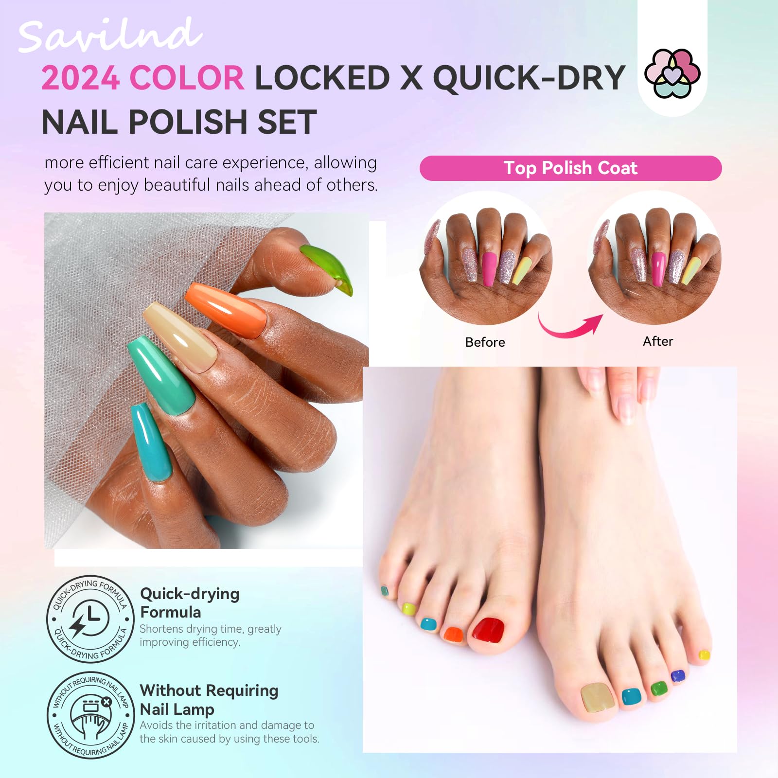 SAVILAND Nail Polish Set Air-Dry: 36 Colors, Base & Top Coat, Beginner Friendly