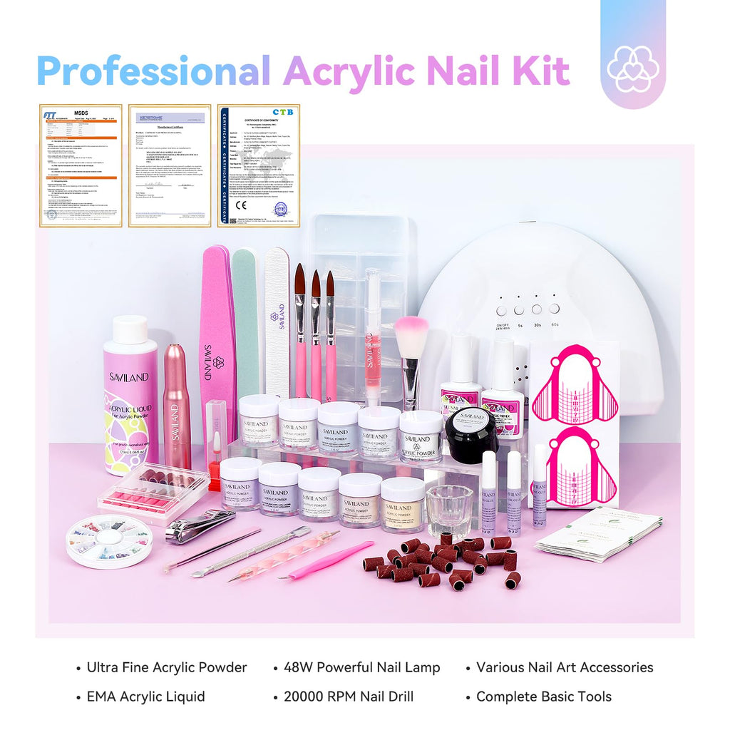 Saviland Acrylic Nail Kit — 10 Powders, 48W Lamp, 20K RPM Drill, Complete Home Set