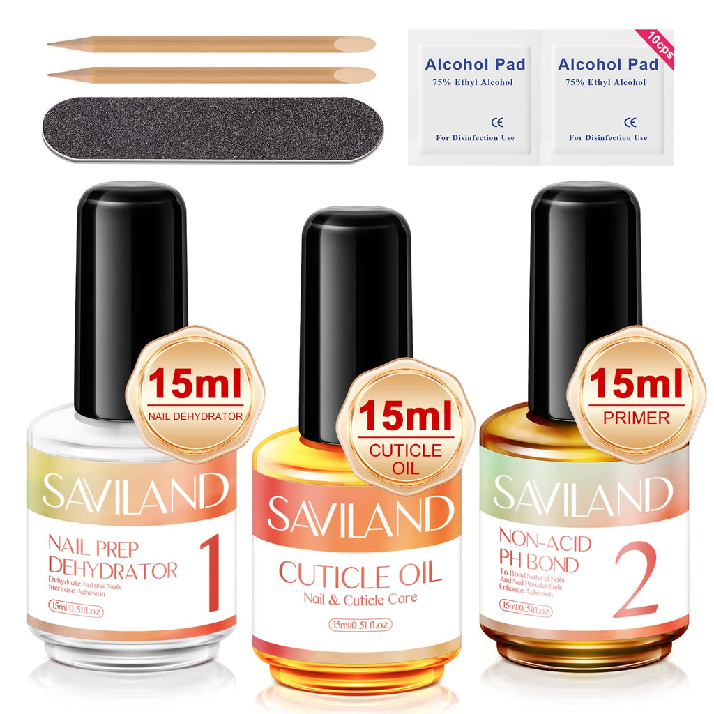 SAVILAND 15ML Nail Dehydrator & Primer with Cuticle Oil – 16 PCS Natural Acid-Free Nail Prep Kit for Gel & Acrylic Nails