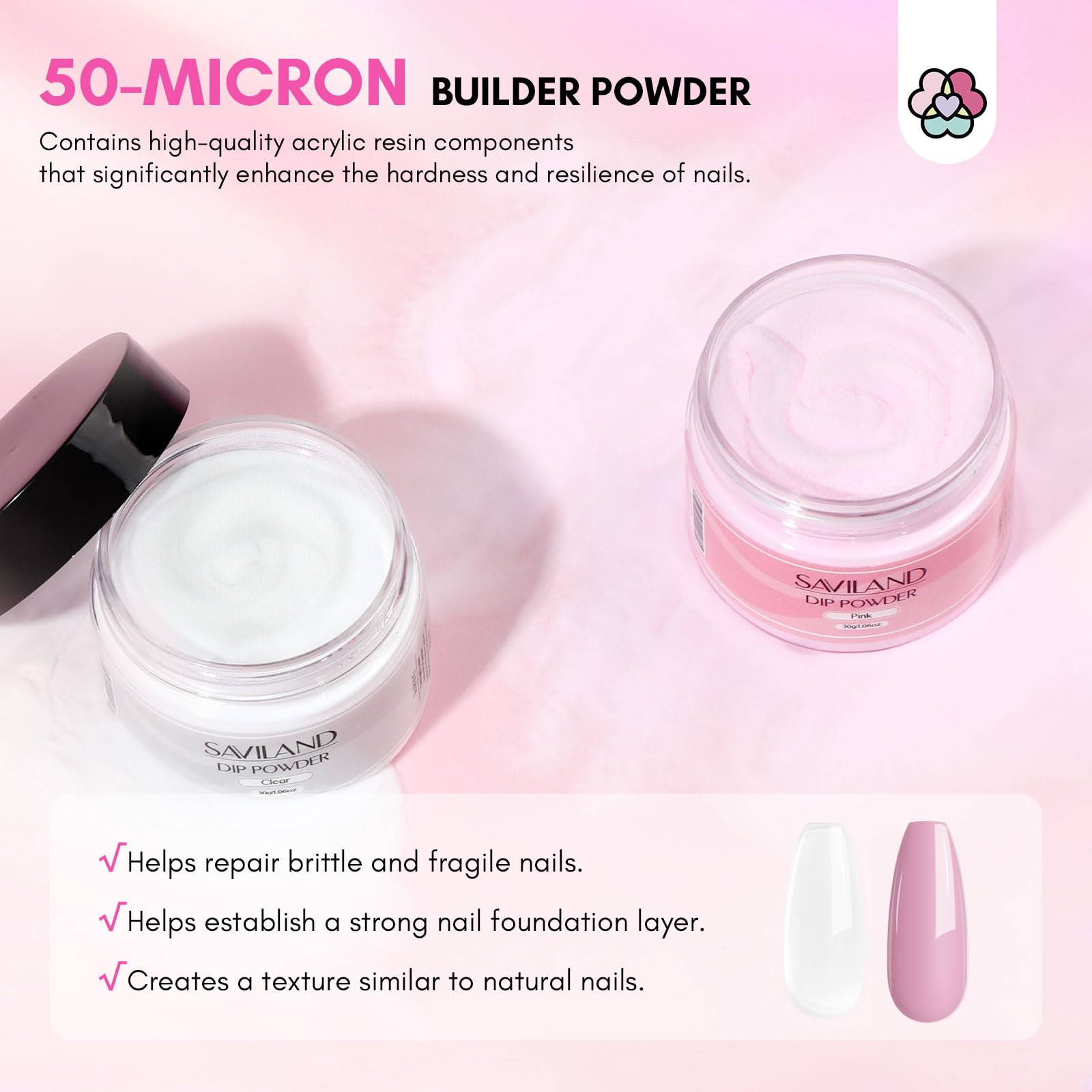 SAVILAND Nail Repair Kit 60g – Quick 3-Min Air-Dry Nail Fix (Clear & Pink Dip Powder)