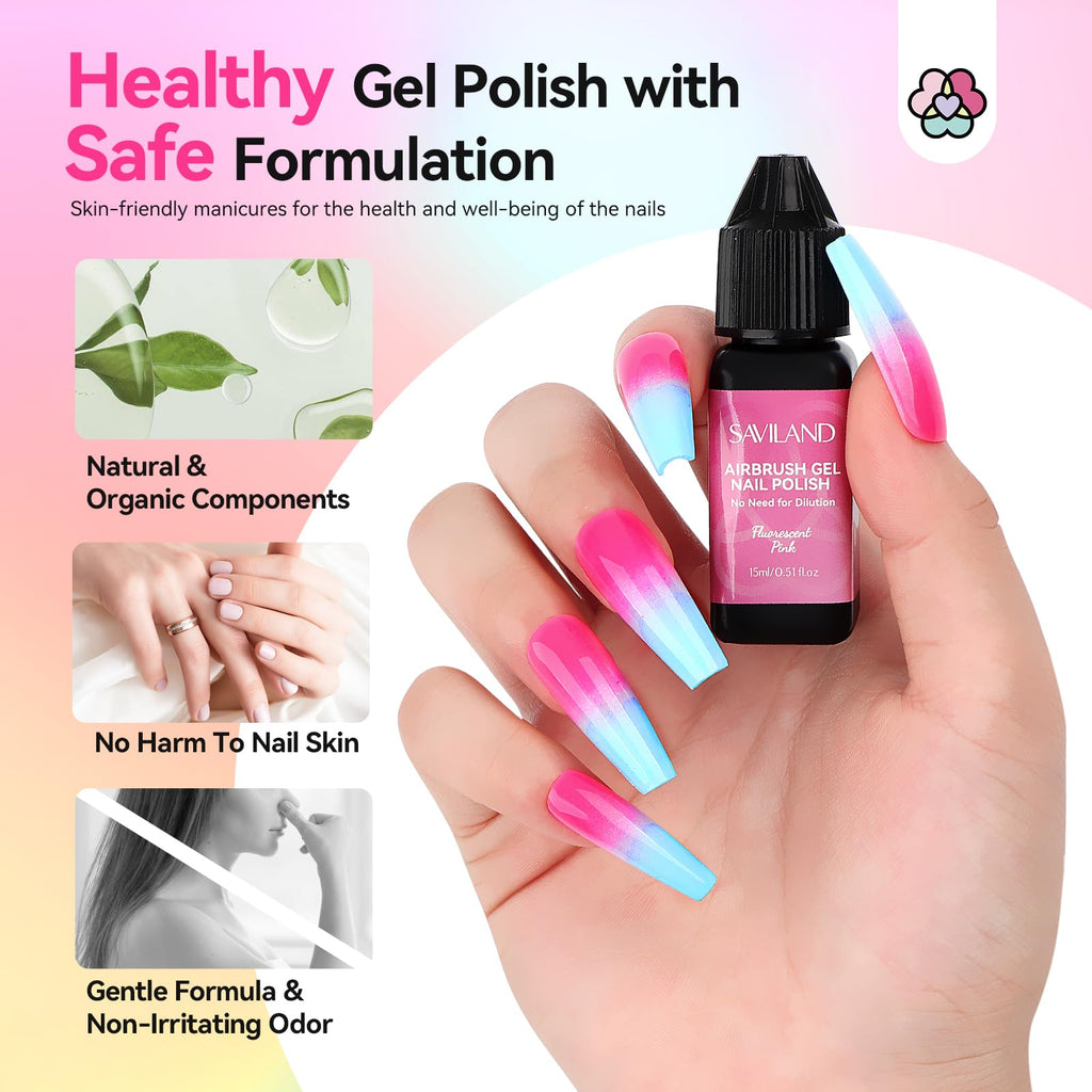 SAVILAND Airbrush Gel Nail Polish Hema-Free – 12 Fluorescent Shades, Non-Acetone, 30s Cure