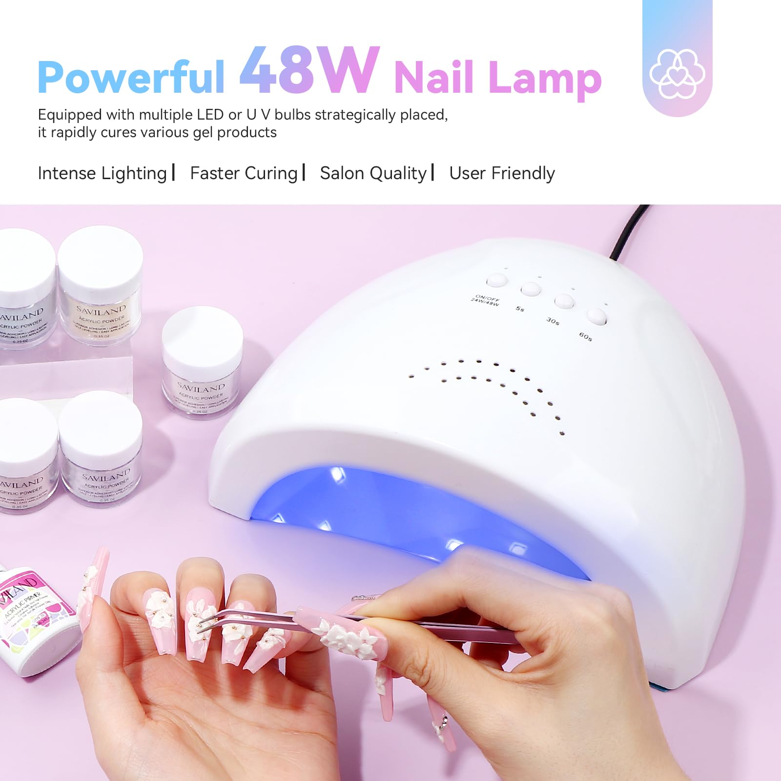 Saviland Acrylic Nail Kit — 10 Powders, 48W Lamp, 20K RPM Drill, Complete Home Set