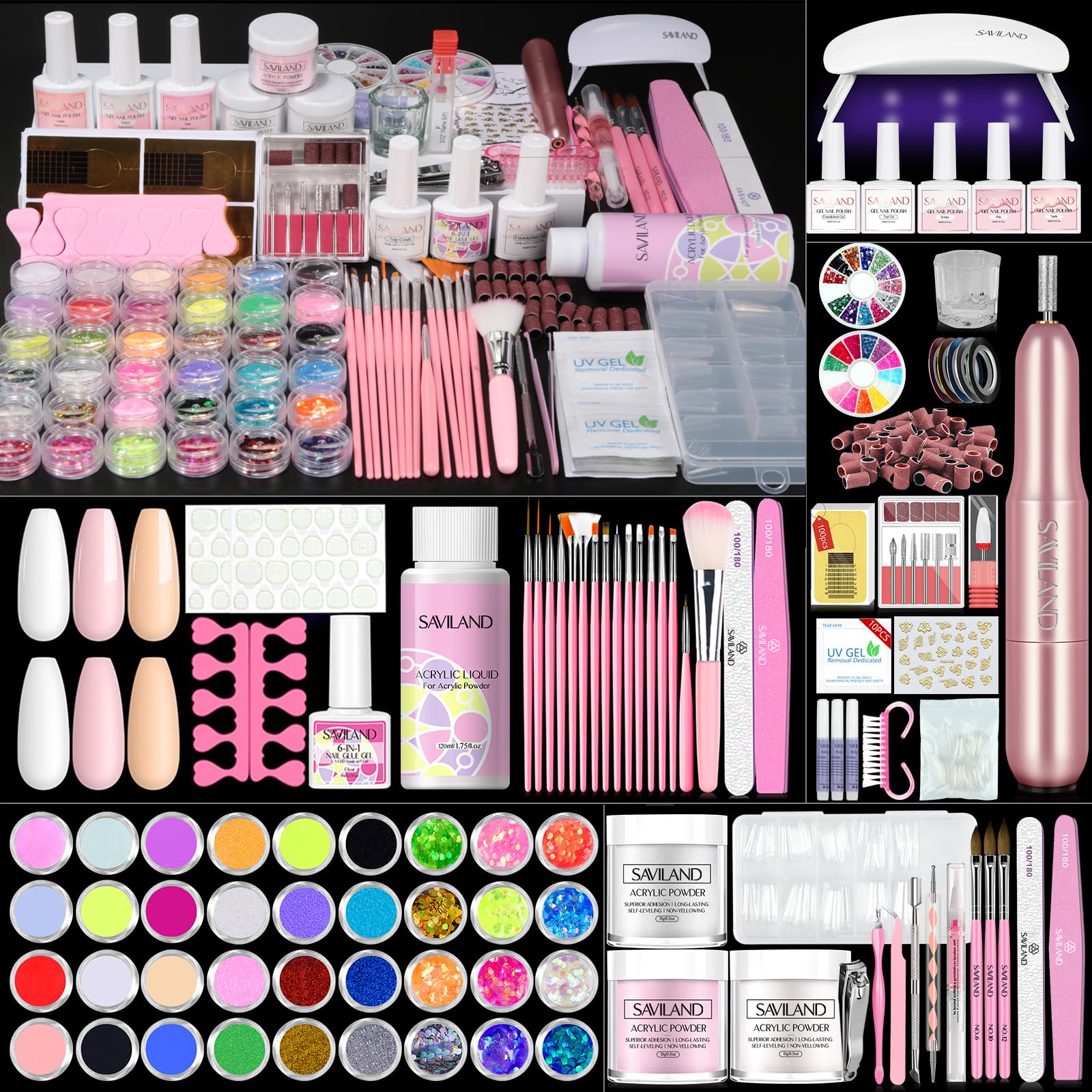 SAVILAND Essentials Acrylic Nail Kit for Beginners – 120ml Monomer, Glitter Powder, Nail Drill & UV Lamp