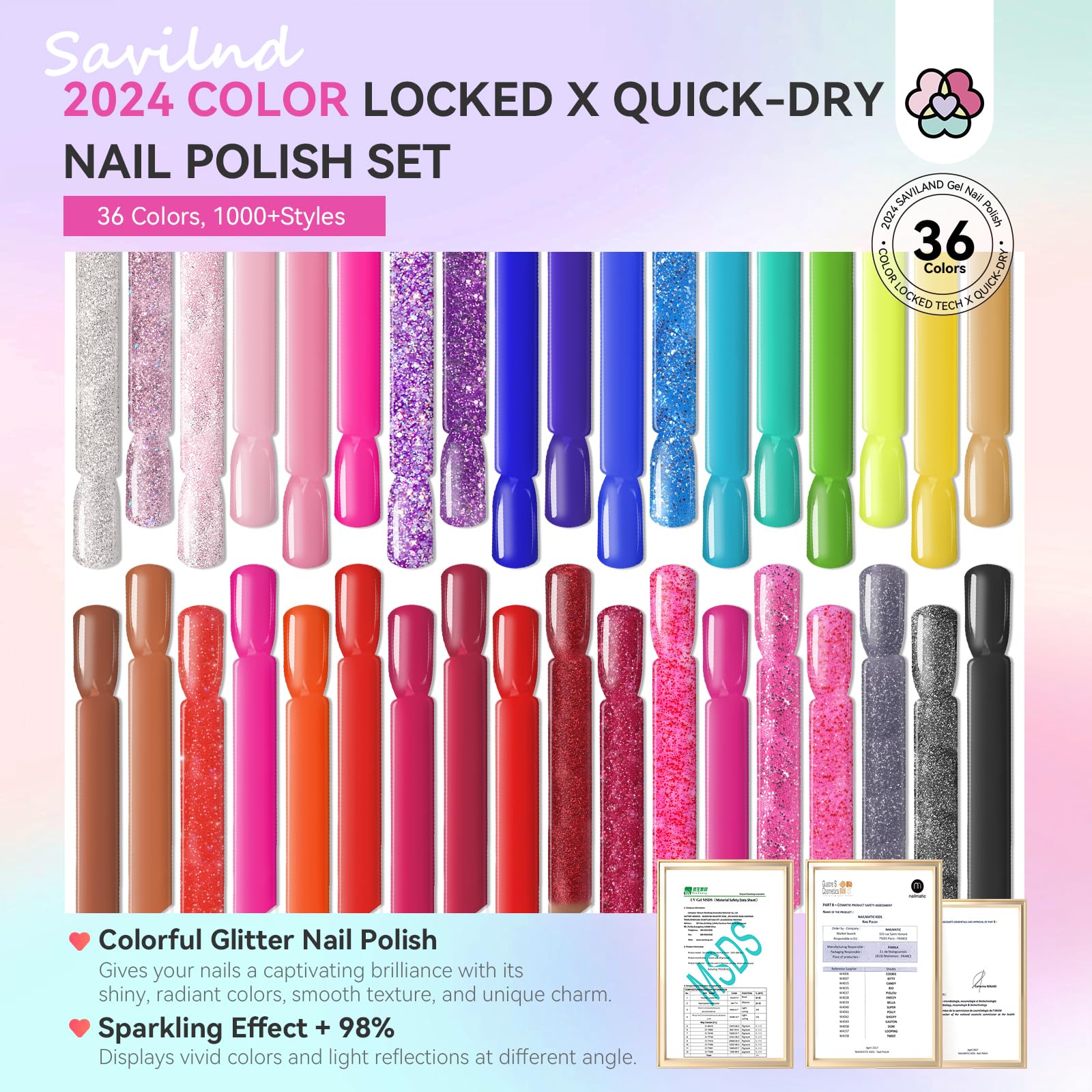 SAVILAND Nail Polish Set Air-Dry: 36 Colors, Base & Top Coat, Beginner Friendly