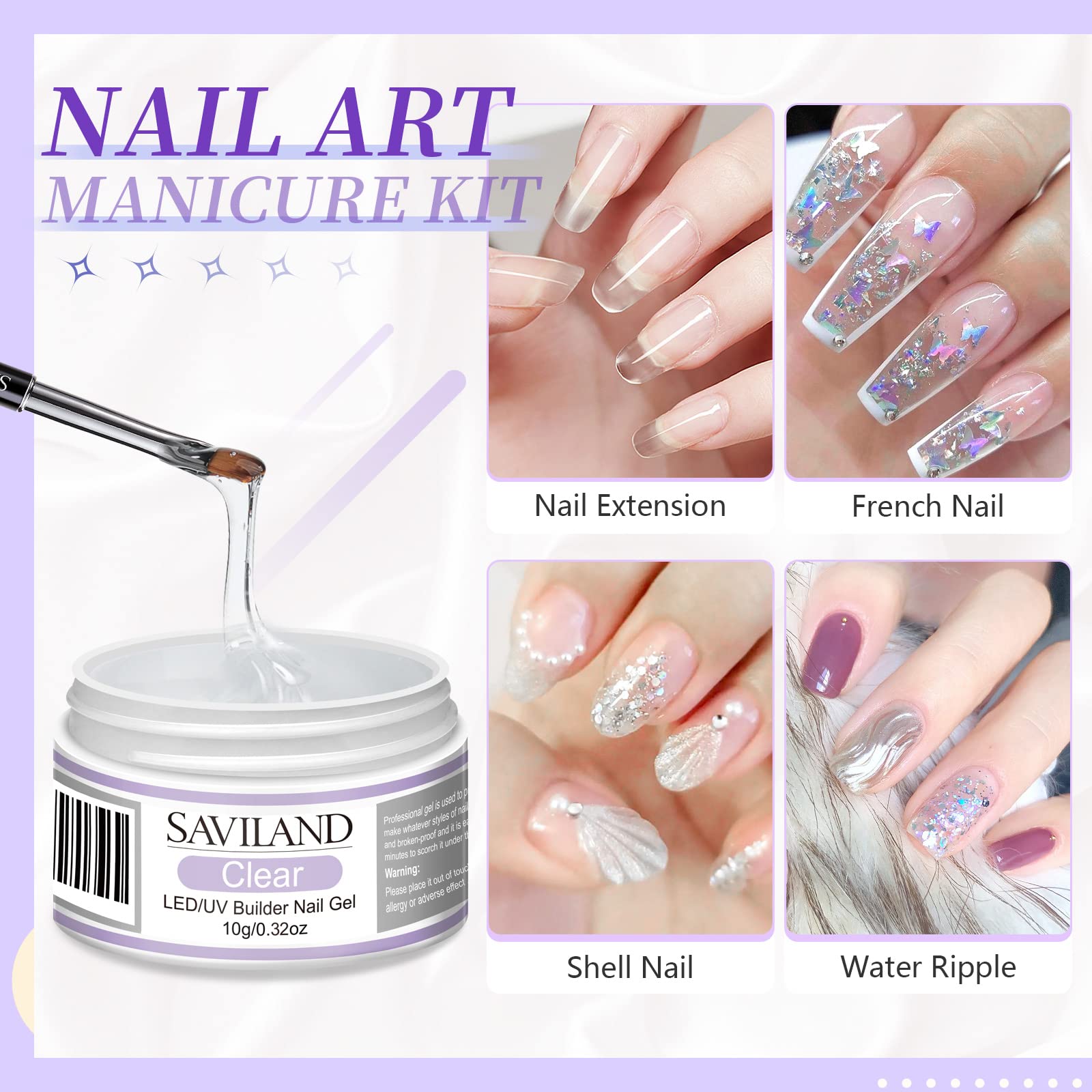 SAVILAND Builder Nail Gel Set – 2 Basic Colors for Home Nail Extensions, Foundation & Top Gel, LED Lamp, 100 Nail Forms