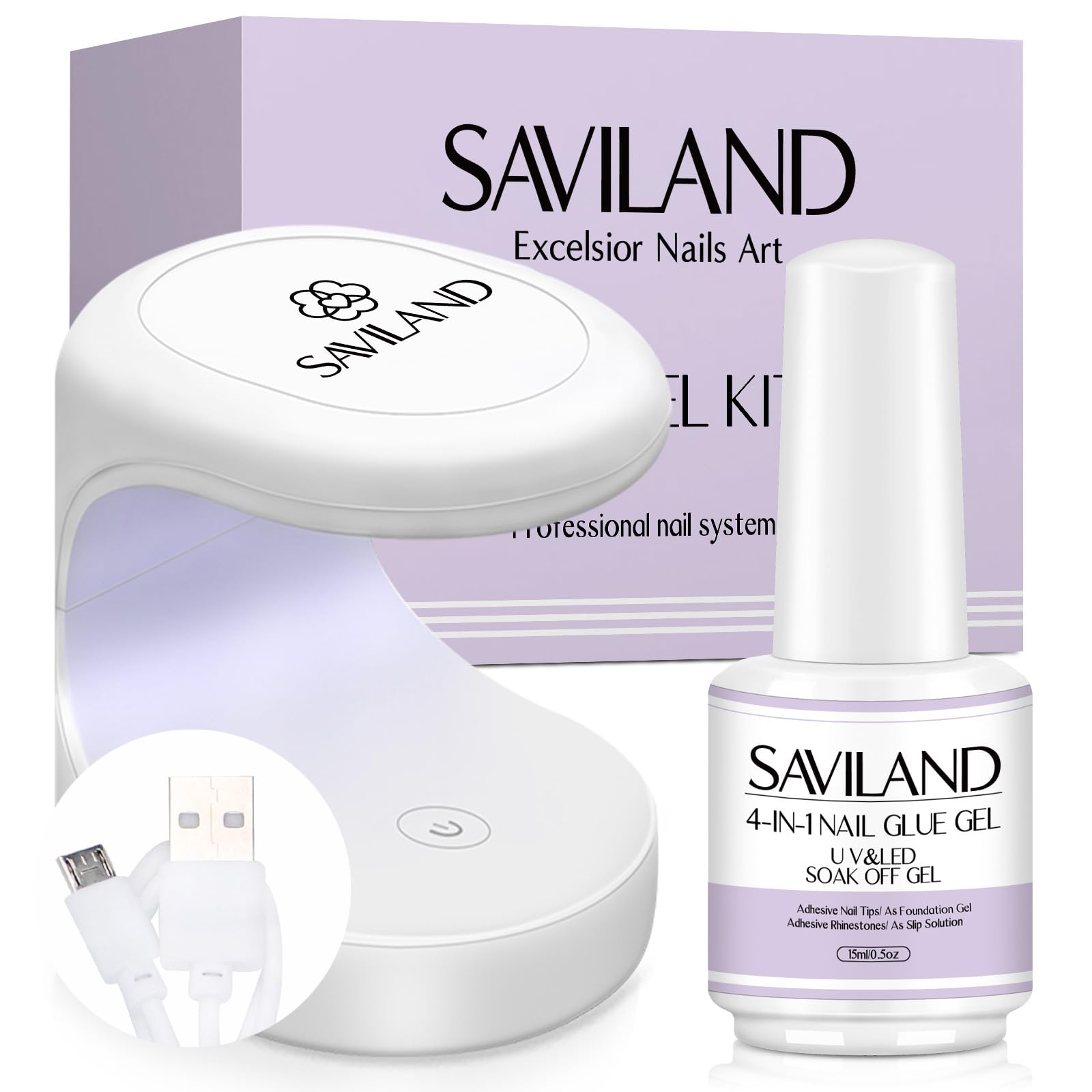 SAVILAND Gel Nail Glue with Lamp Duo – 15ml Glue + UV/LED Nail Lamp for DIY Extensions