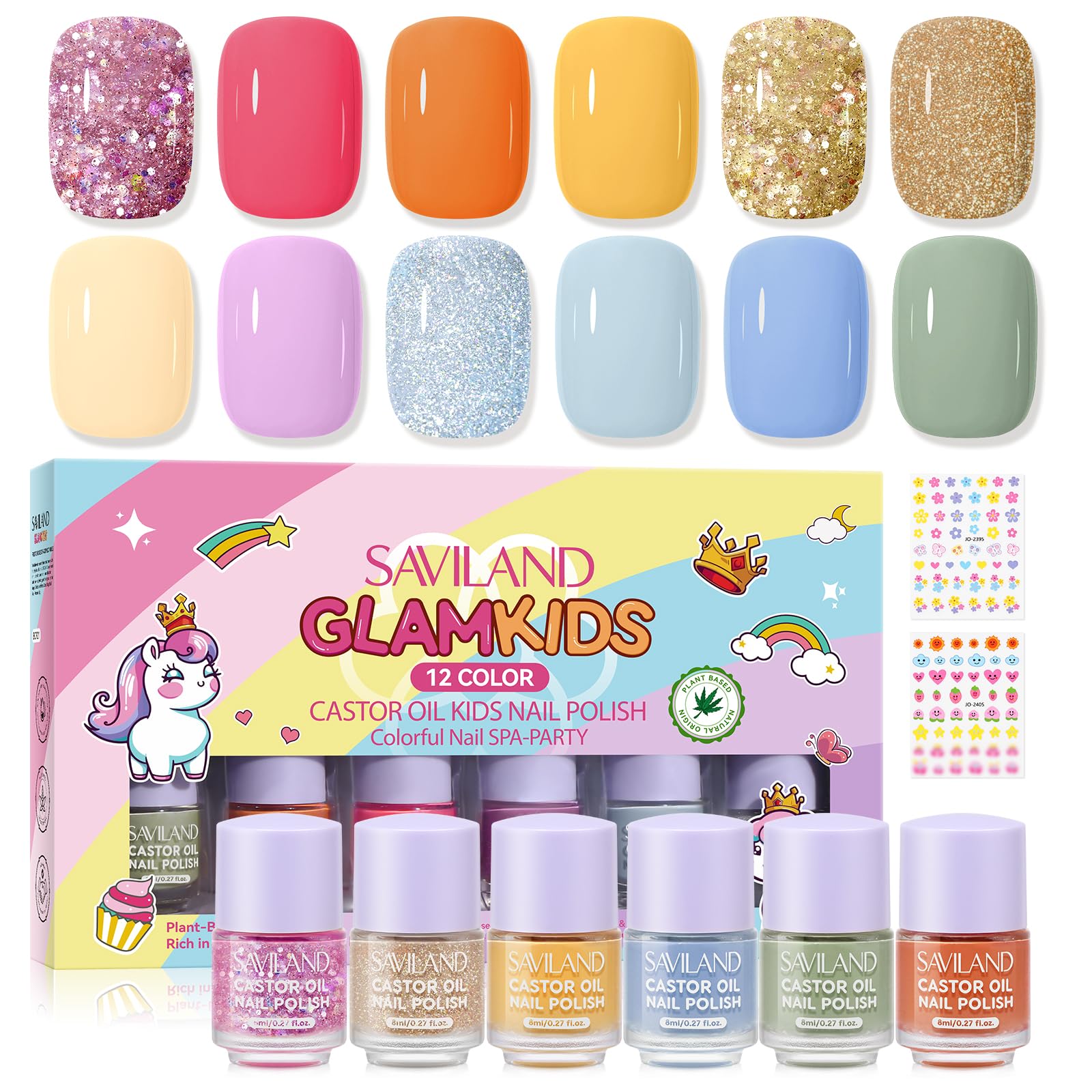 SAVILAND Glamkids 12-Color Quick-Dry Nail Polish Set – Water-Based Peel-Off, Non-Toxic for Kids 5–12