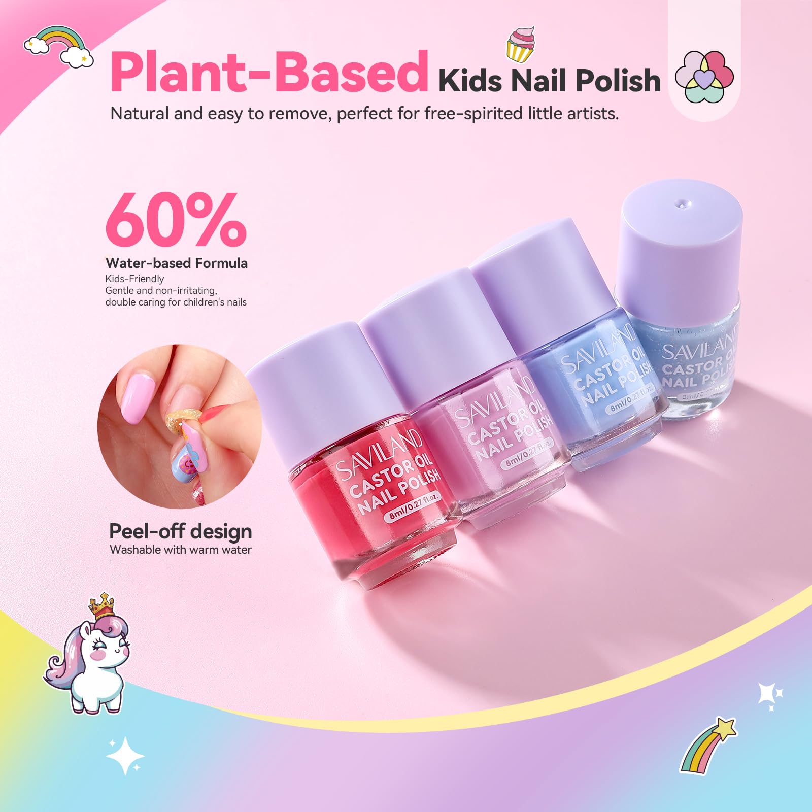 SAVILAND Glamkids 12-Color Quick-Dry Nail Polish Set – Water-Based Peel-Off, Non-Toxic for Kids 5–12