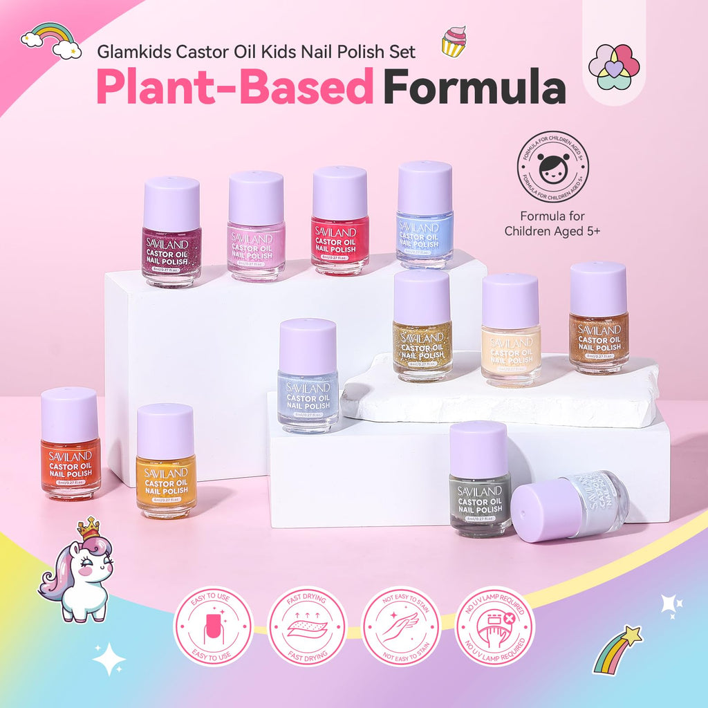 SAVILAND Glamkids 12-Color Quick-Dry Nail Polish Set – Water-Based Peel-Off, Non-Toxic for Kids 5–12