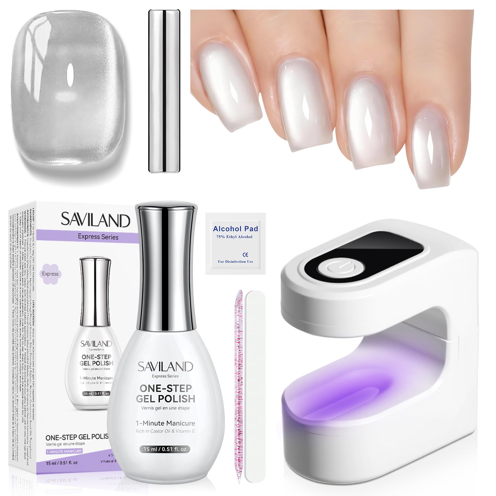SAVILAND Glassy Cat Eye One-Step Gel Polish Kit – 5-in-1 Jelly Silver Magnetic Gel with Fast-Curing Mini UV Lamp (15ml)