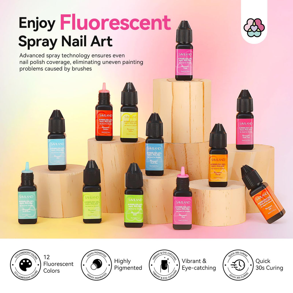SAVILAND Airbrush Gel Nail Polish Hema-Free – 12 Fluorescent Shades, Non-Acetone, 30s Cure
