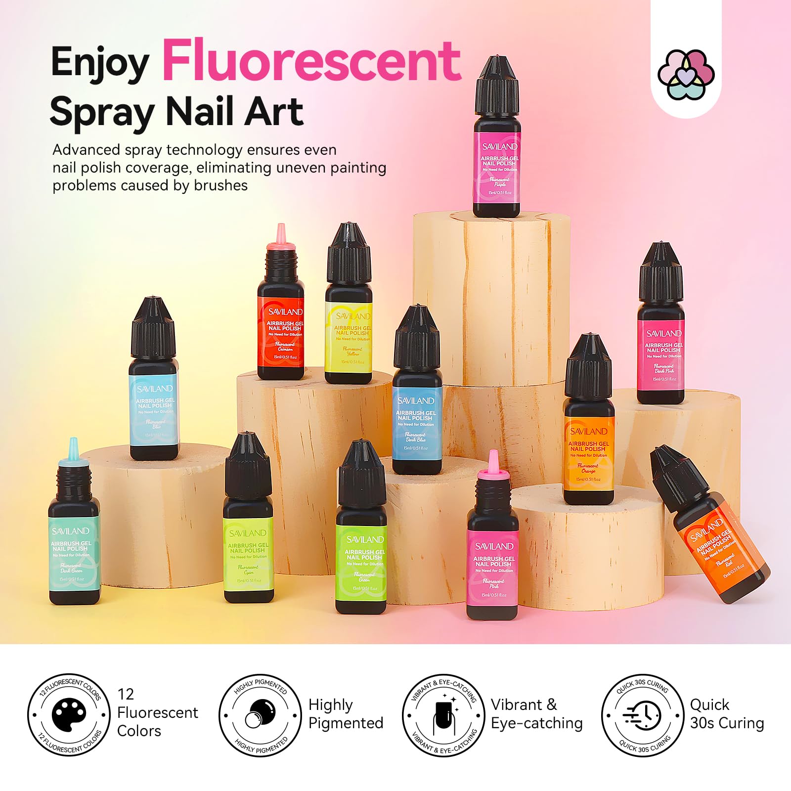 SAVILAND Airbrush Gel Nail Polish Hema-Free – 12 Fluorescent Shades, Non-Acetone, 30s Cure