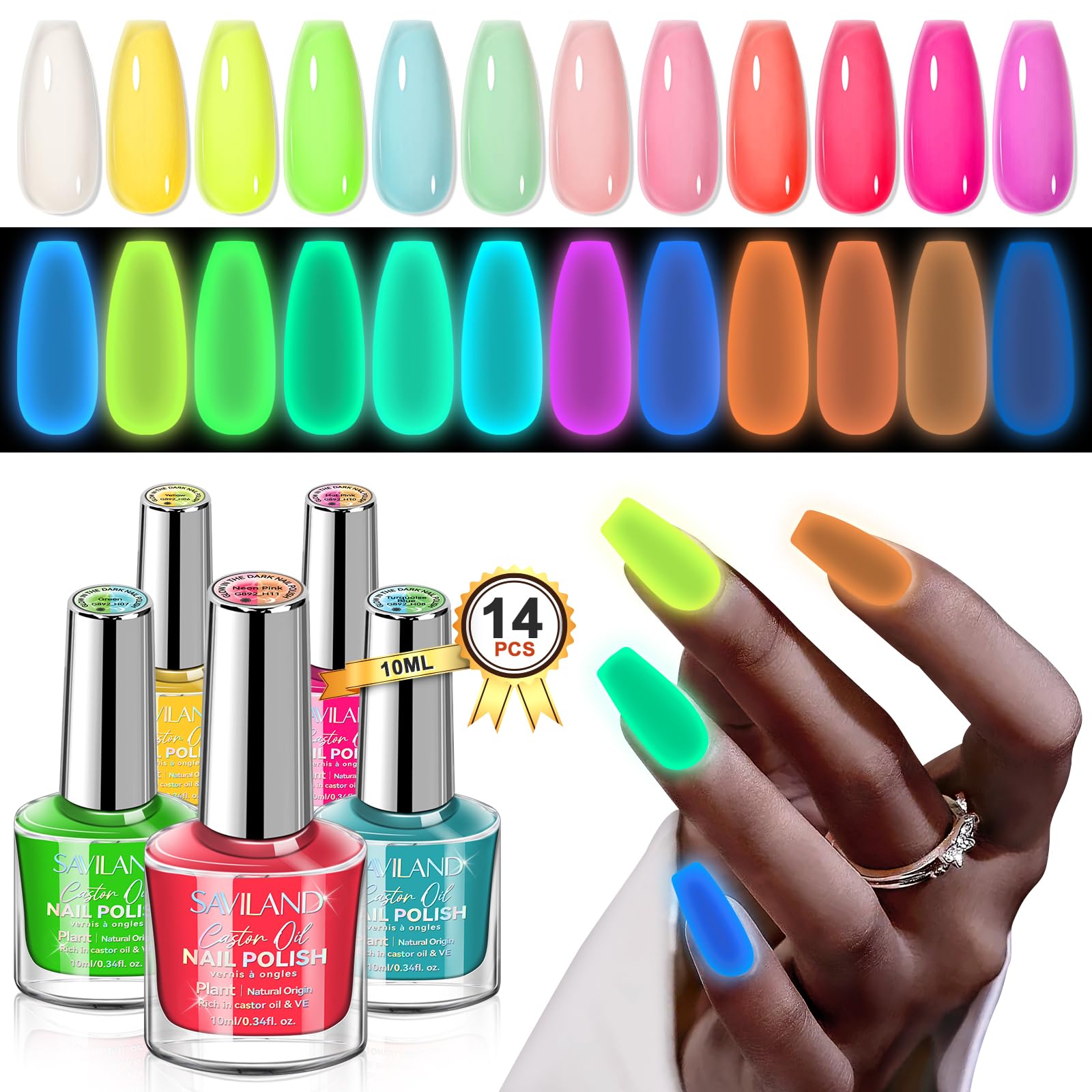 SAVILAND Glow-in-the-Dark Nail Polish Set: 14 Neon Shades with Base & Top Coats