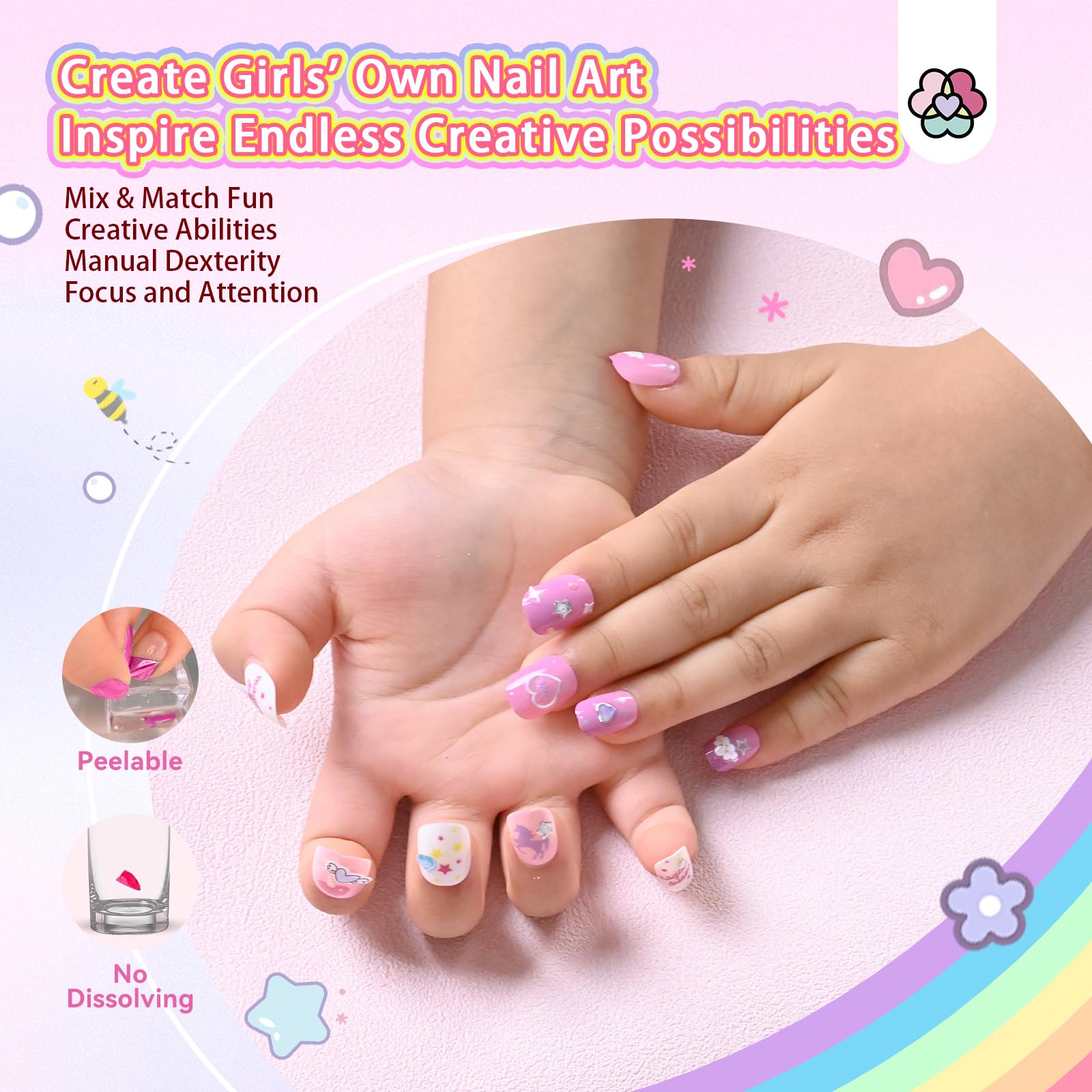 SAVILAND Kids Press-On Nails – 6-Pack with 3D Stickers for Creative DIY Nail Art