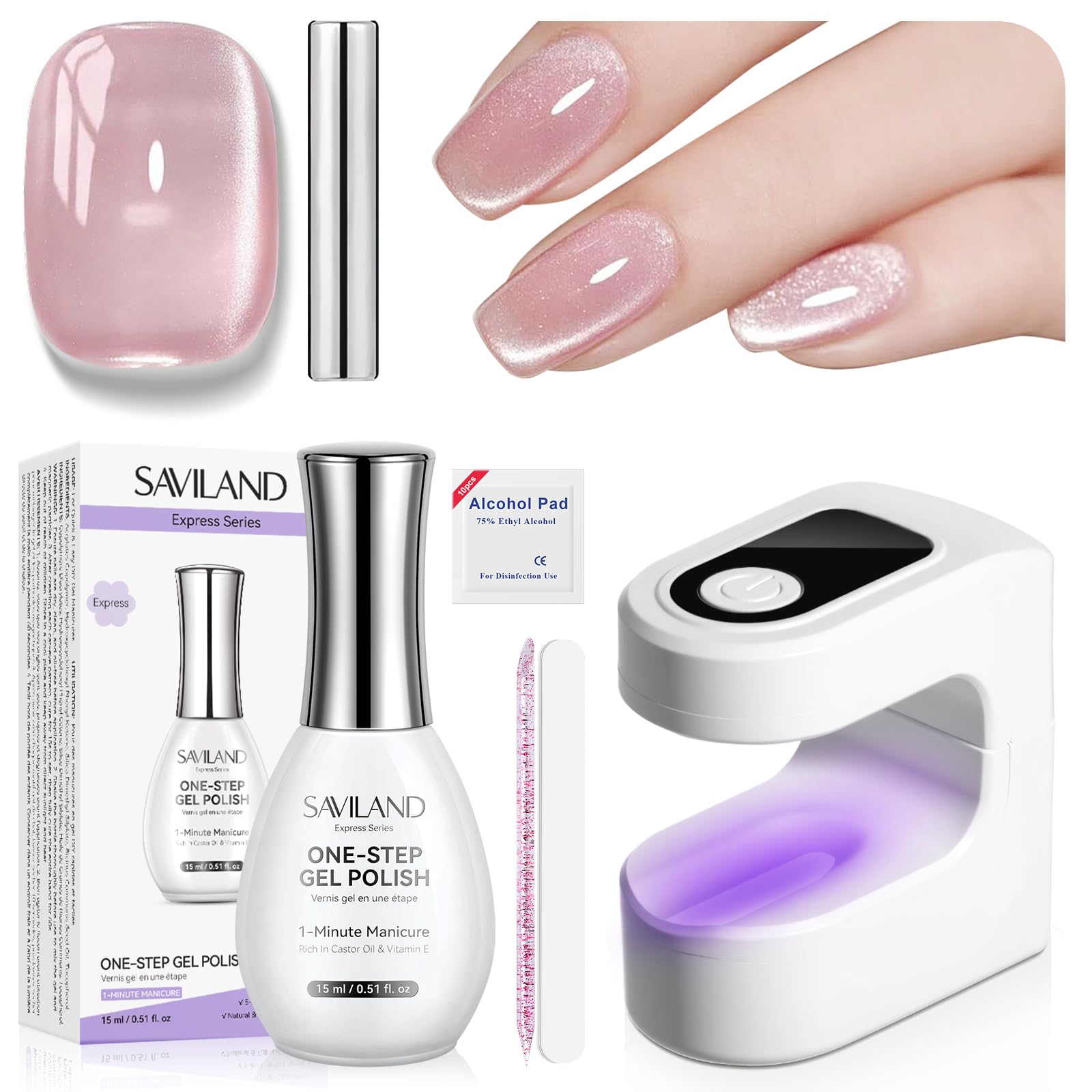 SAVILAND One-Step Gel Nail Polish Kit – Lilac Haze Cat Eye 5-in-1 Gel with Mini UV Lamp (15ml)