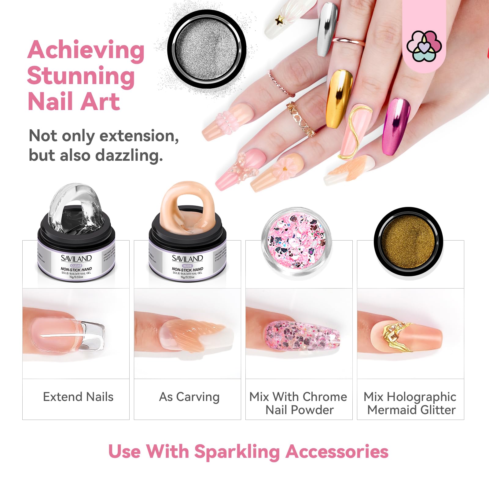 SAVILAND Non Sticky Solid Builder Nail Gel Kit — 4 Colors, Long-Lasting Wear, Chrome Powder & Mermaid Glitter