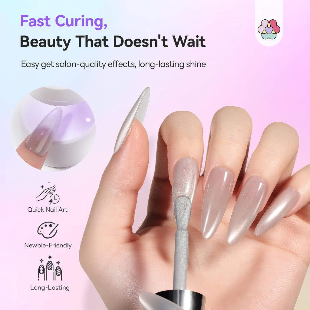 SAVILAND Glassy Cat Eye One-Step Gel Polish Kit – 5-in-1 Jelly Silver Magnetic Gel with Fast-Curing Mini UV Lamp (15ml)