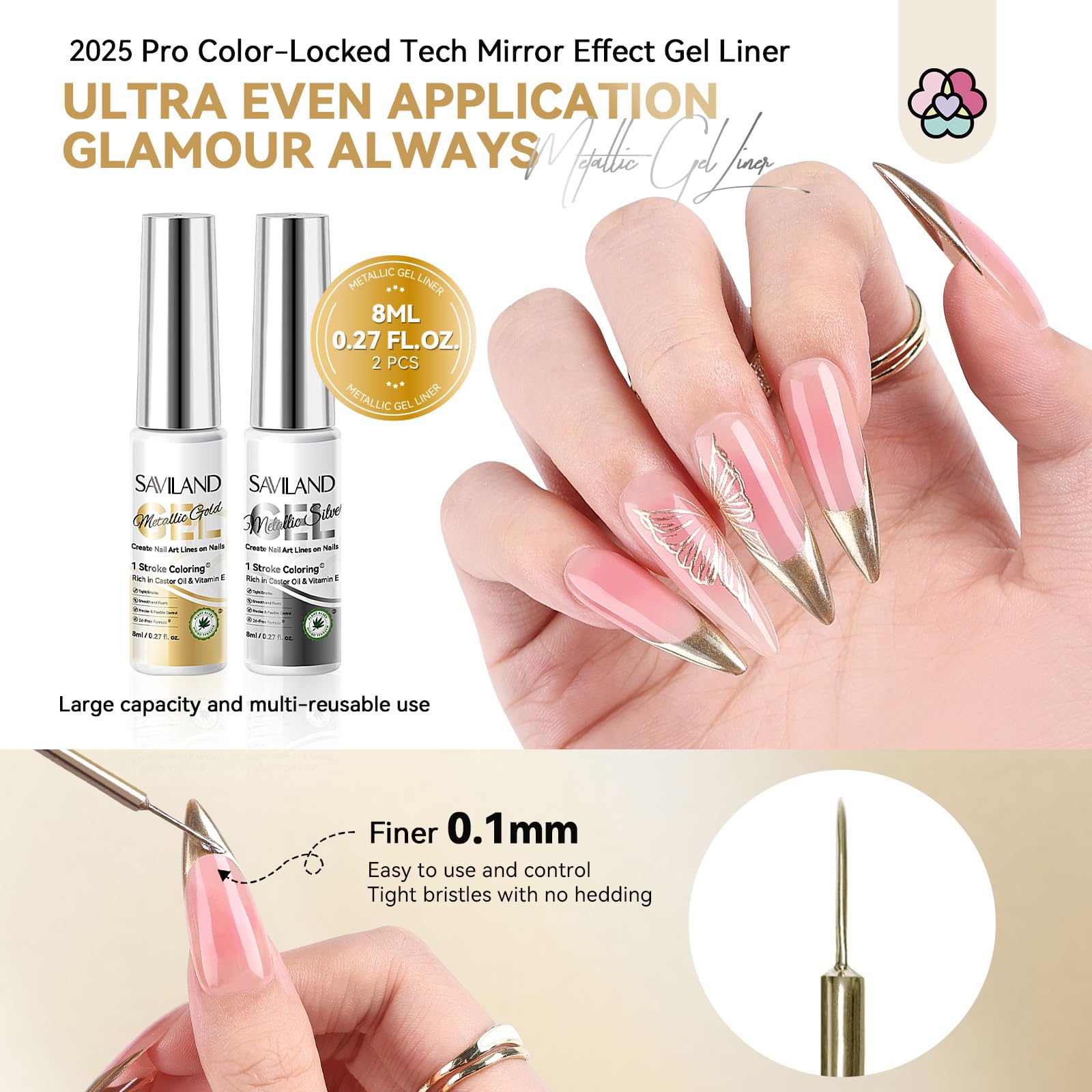 SAVILAND Metallic Gel Liner Nail Art – Silver & Gold Chrome 3D Mirror Gels (2x8ml)