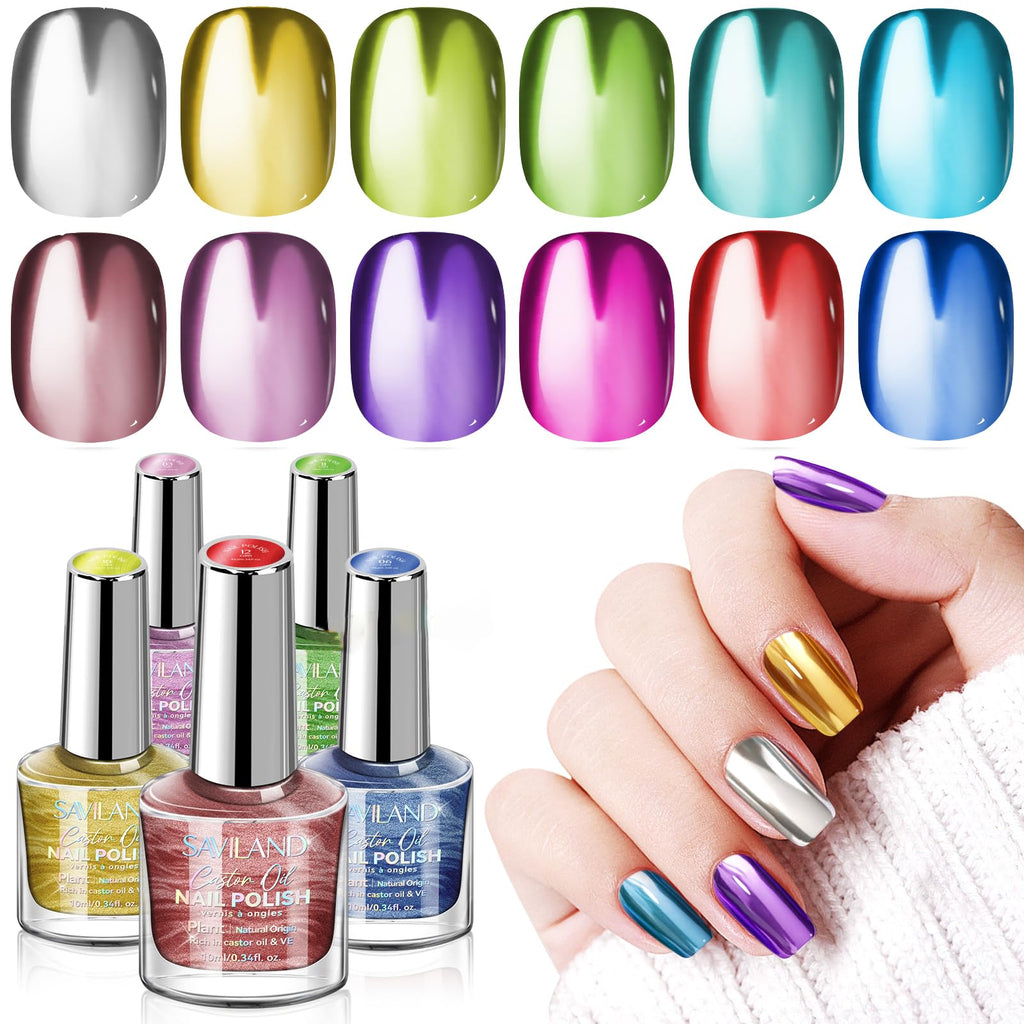 SAVILAND Metallic Nail Polish Set – Chrome, 12+2 Colors with Base & Top Coat