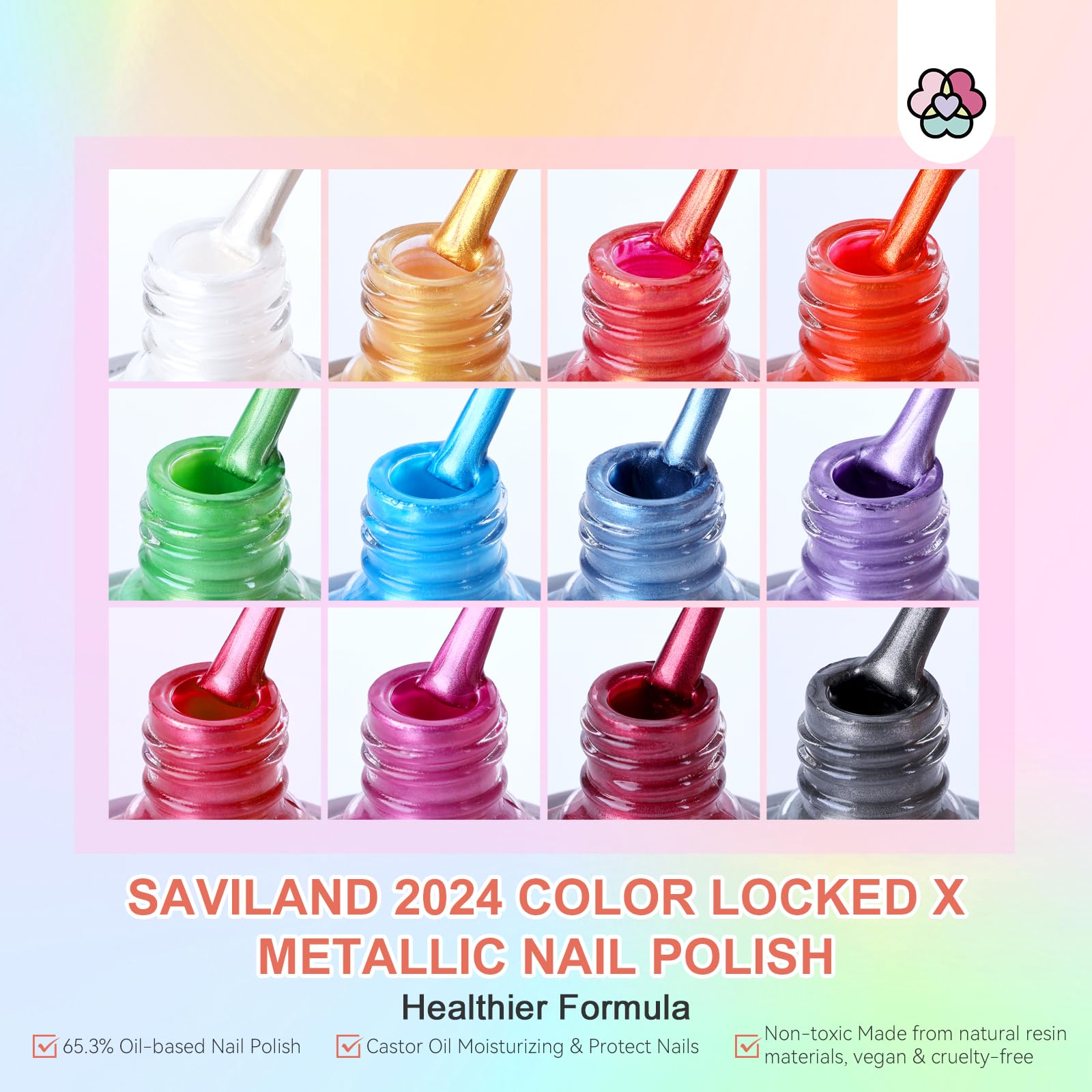 SAVILAND Metallic Nail Polish Quick Dry - 12 Neon Chrome Colors + Base & Top Coat