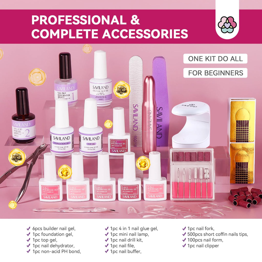 SAVILAND Builder Nail Gel Kit with Nail Drill — 6 Colors, 10 ml Gel, Mini UV Lamp