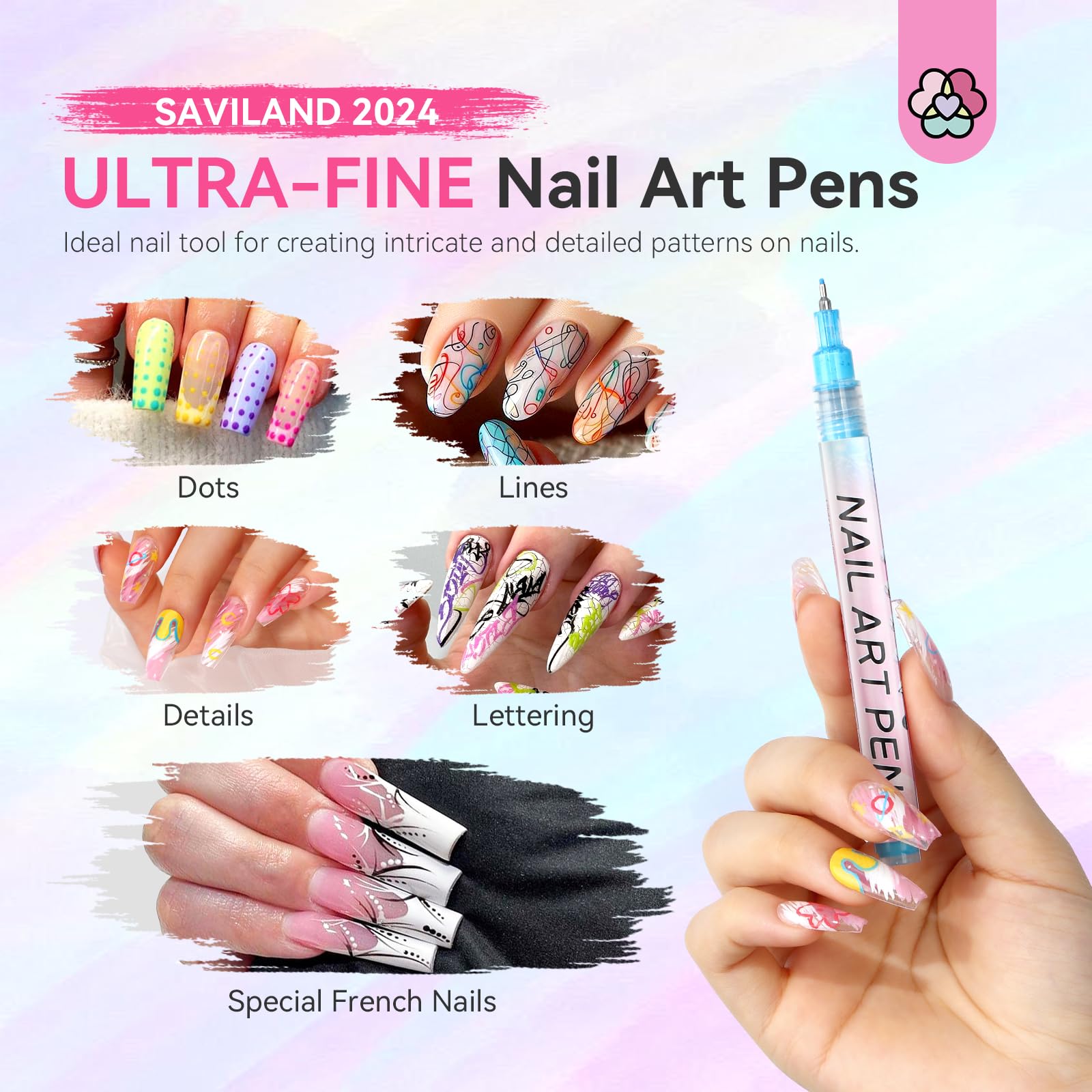 SAVILAND 12-Color Nail Art Pens Set – 0.5mm Quick-Dry Nail Polish Markers for DIY Nail Art