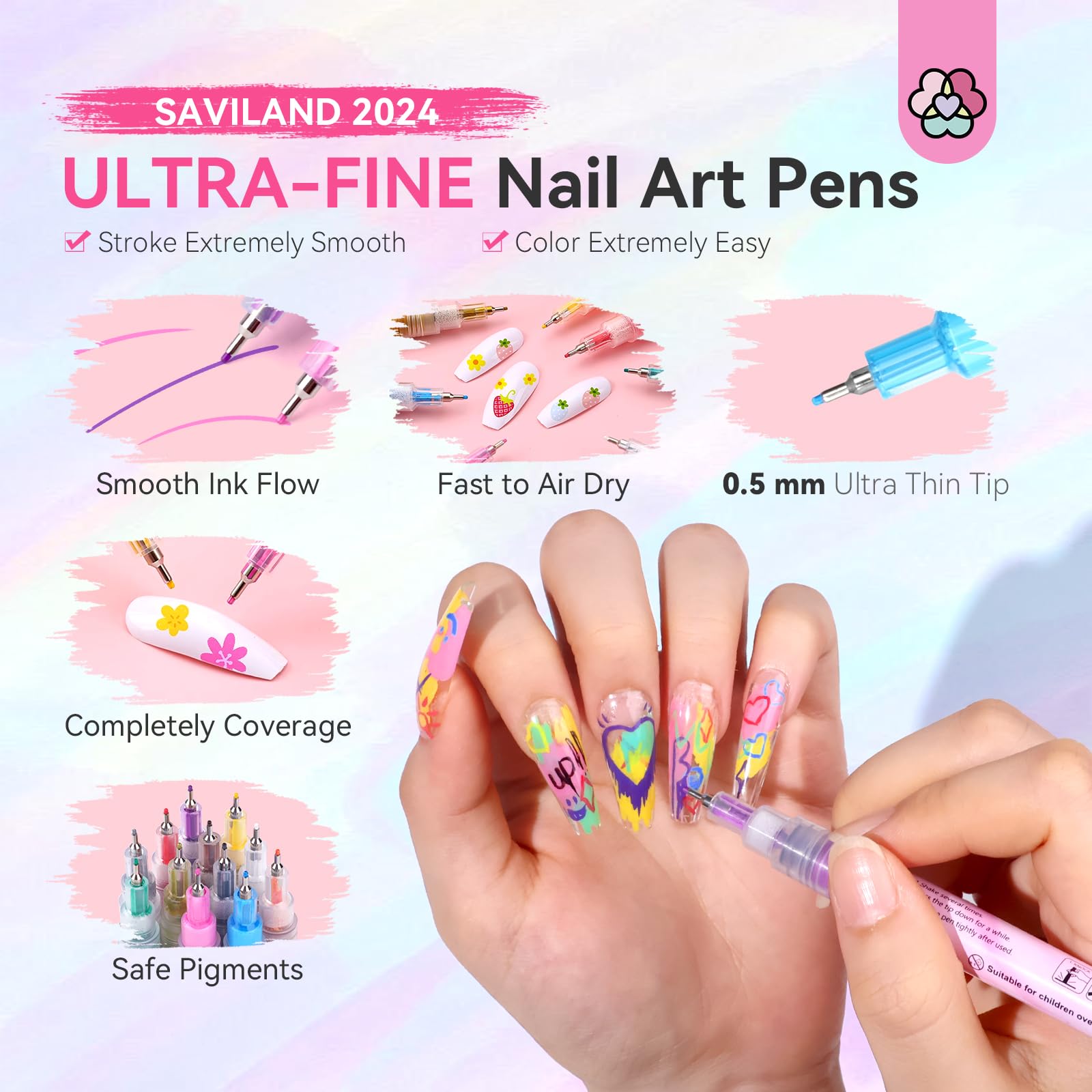 SAVILAND 12-Color Nail Art Pens Set – 0.5mm Quick-Dry Nail Polish Markers for DIY Nail Art