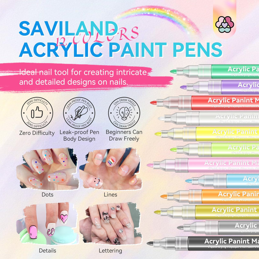 SAVILAND Nail Art Pens Set – 12 Colors, 0.7mm Fine Tip for Precise DIY Nail Art