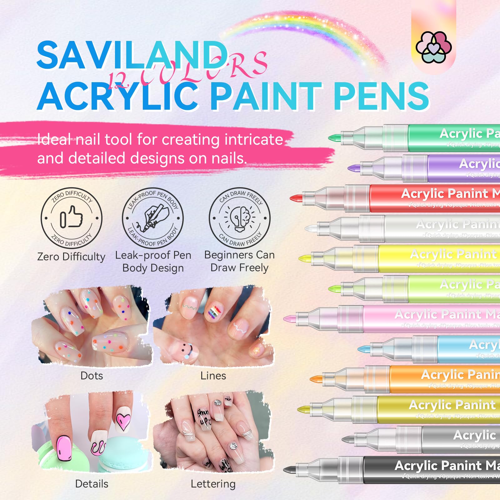 SAVILAND Nail Art Pens Set – 12 Colors, 0.7mm Fine Tip for Precise DIY Nail Art