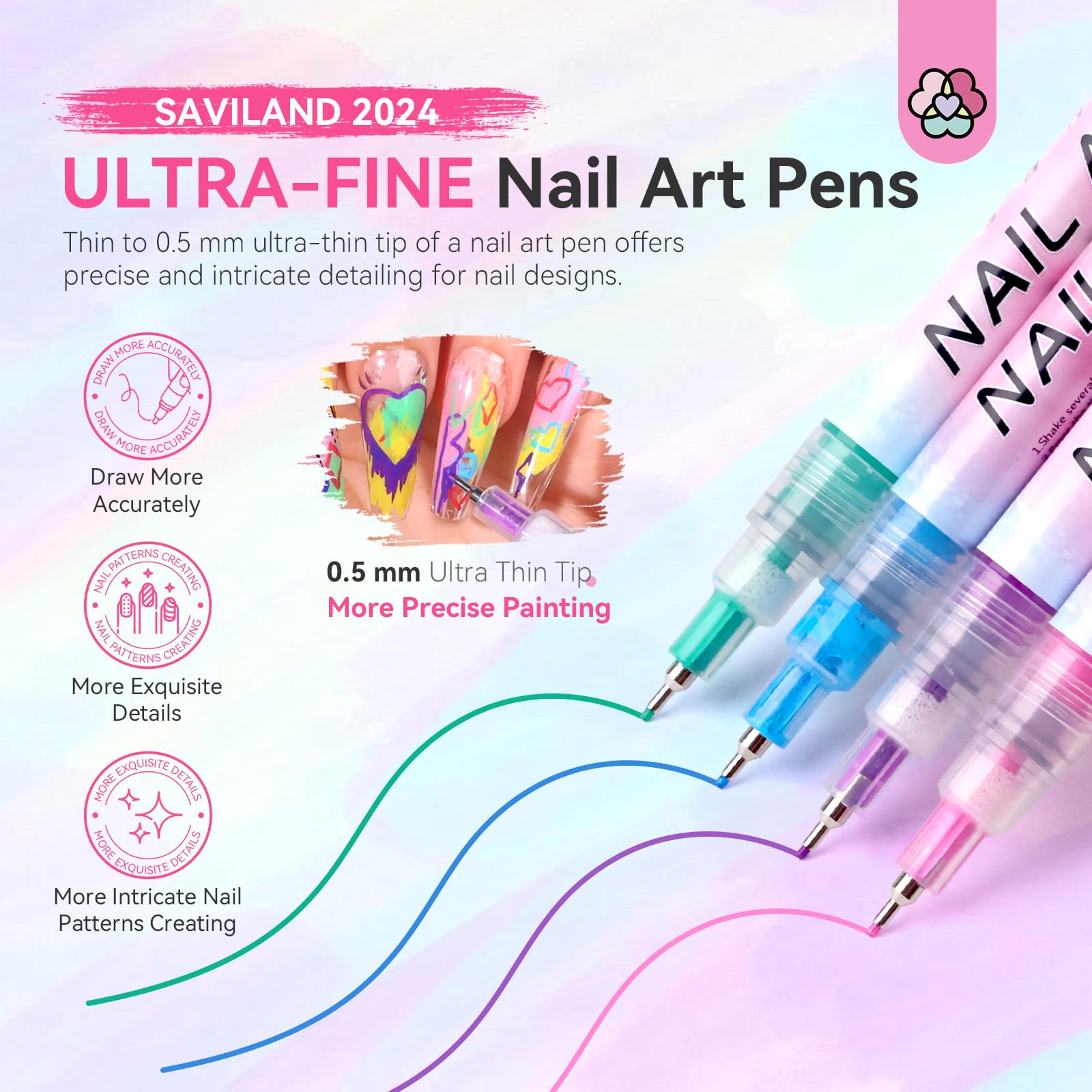 SAVILAND 12-Color Nail Art Pens Set – 0.5mm Quick-Dry Nail Polish Markers for DIY Nail Art