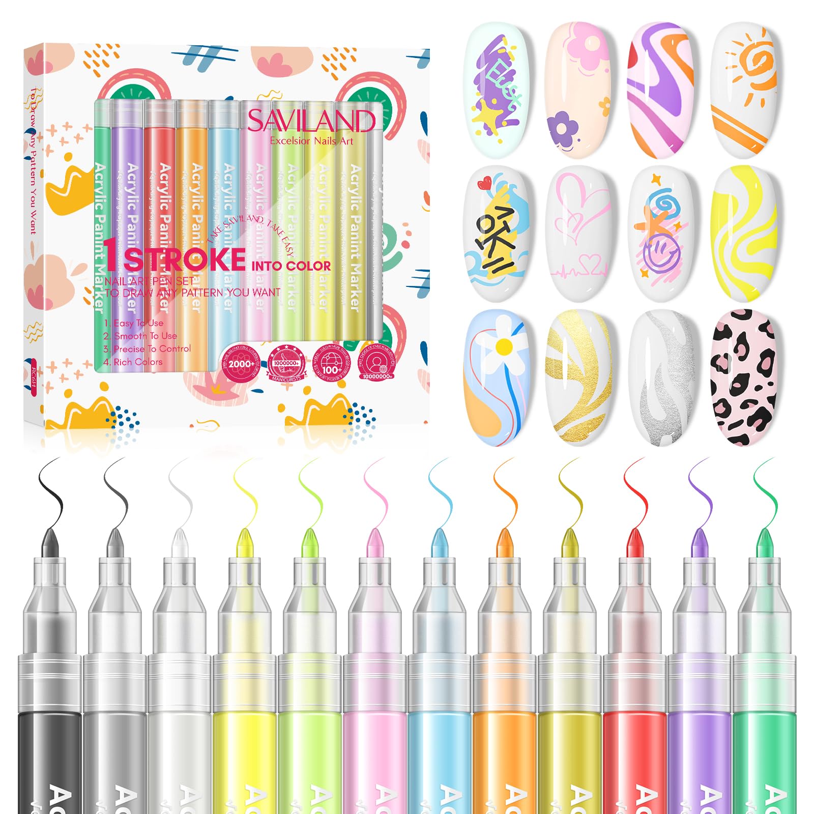 SAVILAND Nail Art Pens Set – 12 Colors, 0.7mm Fine Tip for Precise DIY Nail Art