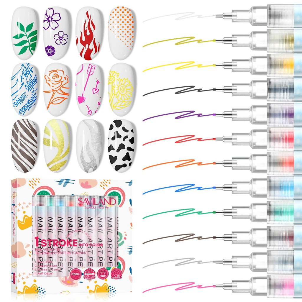 SAVILAND 12-Color Nail Art Pens Set – 0.5mm Quick-Dry Nail Polish Markers for DIY Nail Art
