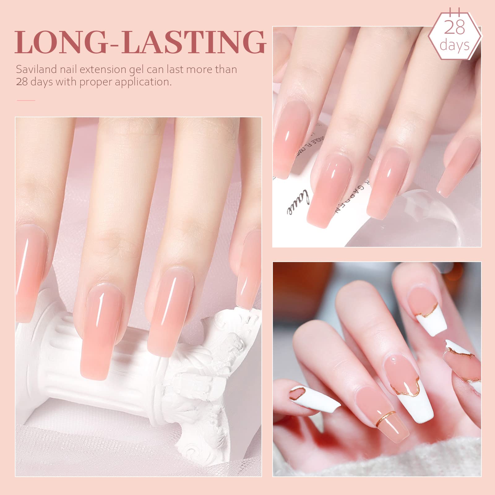 SAVILAND Builder Nail Gel Kit – Nude Pink 30ml, Air Cushion Bottle, 100 Forms & Brushes