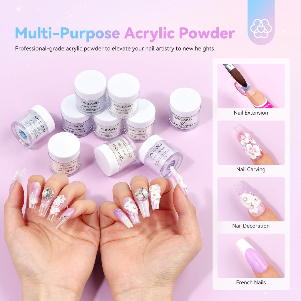 Saviland Acrylic Nail Kit — 10 Powders, 48W Lamp, 20K RPM Drill, Complete Home Set