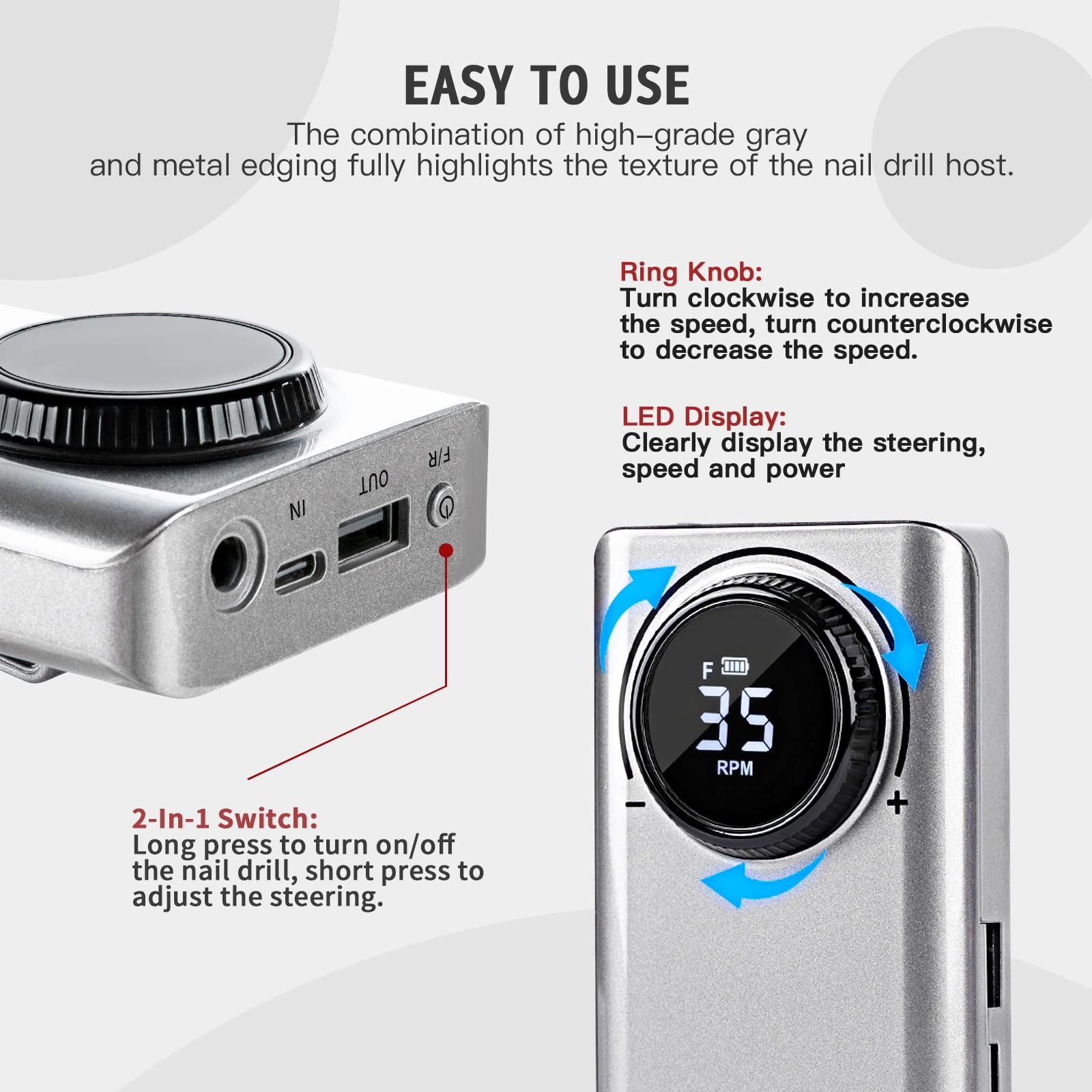 SAVILAND 35000RPM Electric Nail Drill — Rechargeable Nail File with 12 Bits for Pro Salon and Home Use