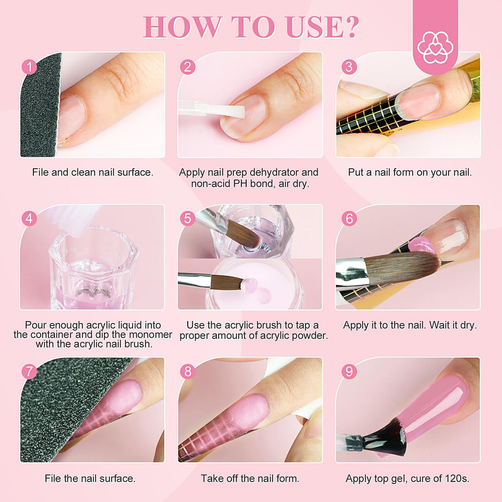 SAVILAND Acrylic Nail Kit Starter Set — Beginner Home Kit with Pink/White/Clear Powders, 50ml Liquid
