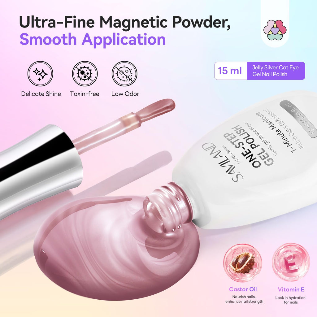 SAVILAND One-Step Gel Nail Polish Kit – Lilac Haze Cat Eye 5-in-1 Gel with Mini UV Lamp (15ml)