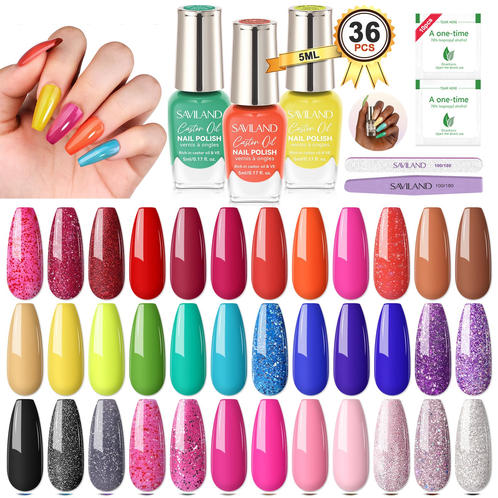 SAVILAND Nail Polish Set Air-Dry: 36 Colors, Base & Top Coat, Beginner Friendly
