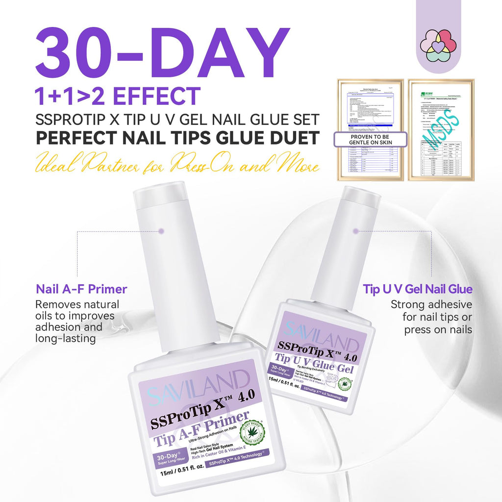 SAVILAND Gel Nail Glue & Nail Primer Set | SSProTip 4.0, 30-Day Strong Adhesion