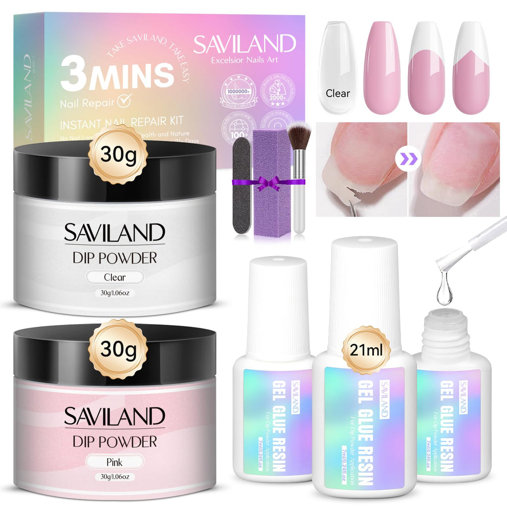 SAVILAND Nail Repair Kit 60g – Quick 3-Min Air-Dry Nail Fix (Clear & Pink Dip Powder)