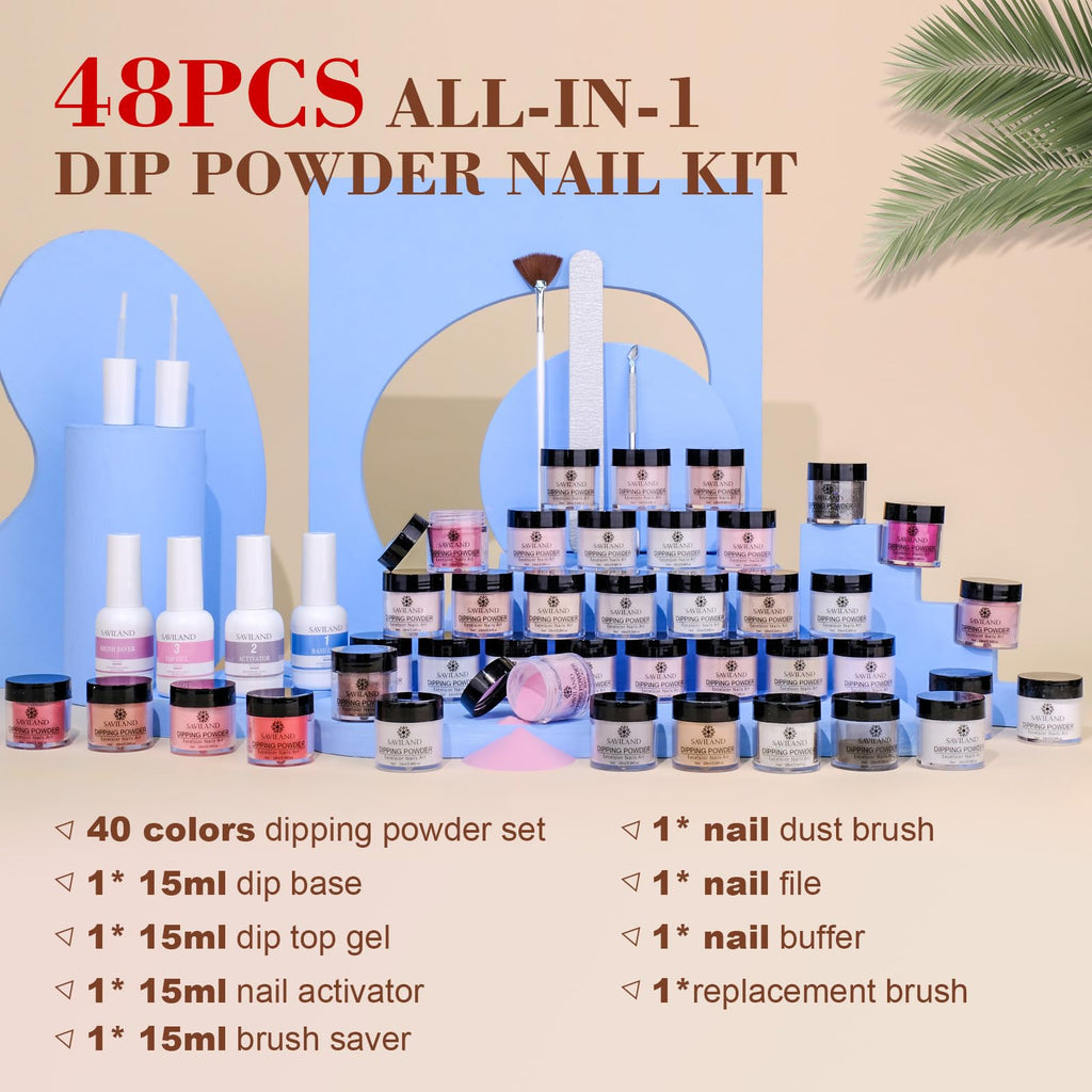 SAVILAND 49 PCS Dip Nails Starter Kit – 40 Colors, Air-Dry Formula, Base, Top Coat & Activator