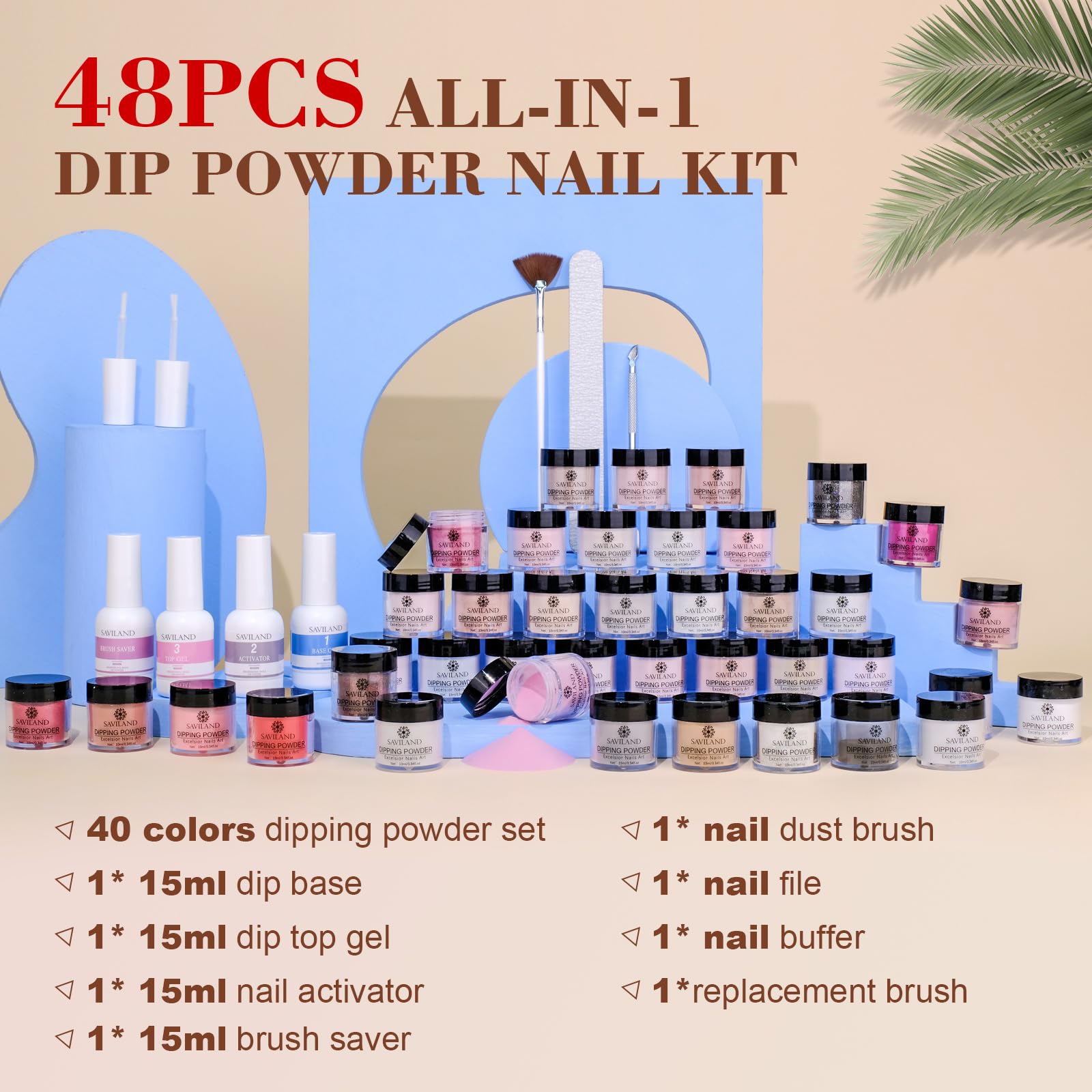 SAVILAND 49 PCS Dip Nails Starter Kit – 40 Colors, Air-Dry Formula, Base, Top Coat & Activator