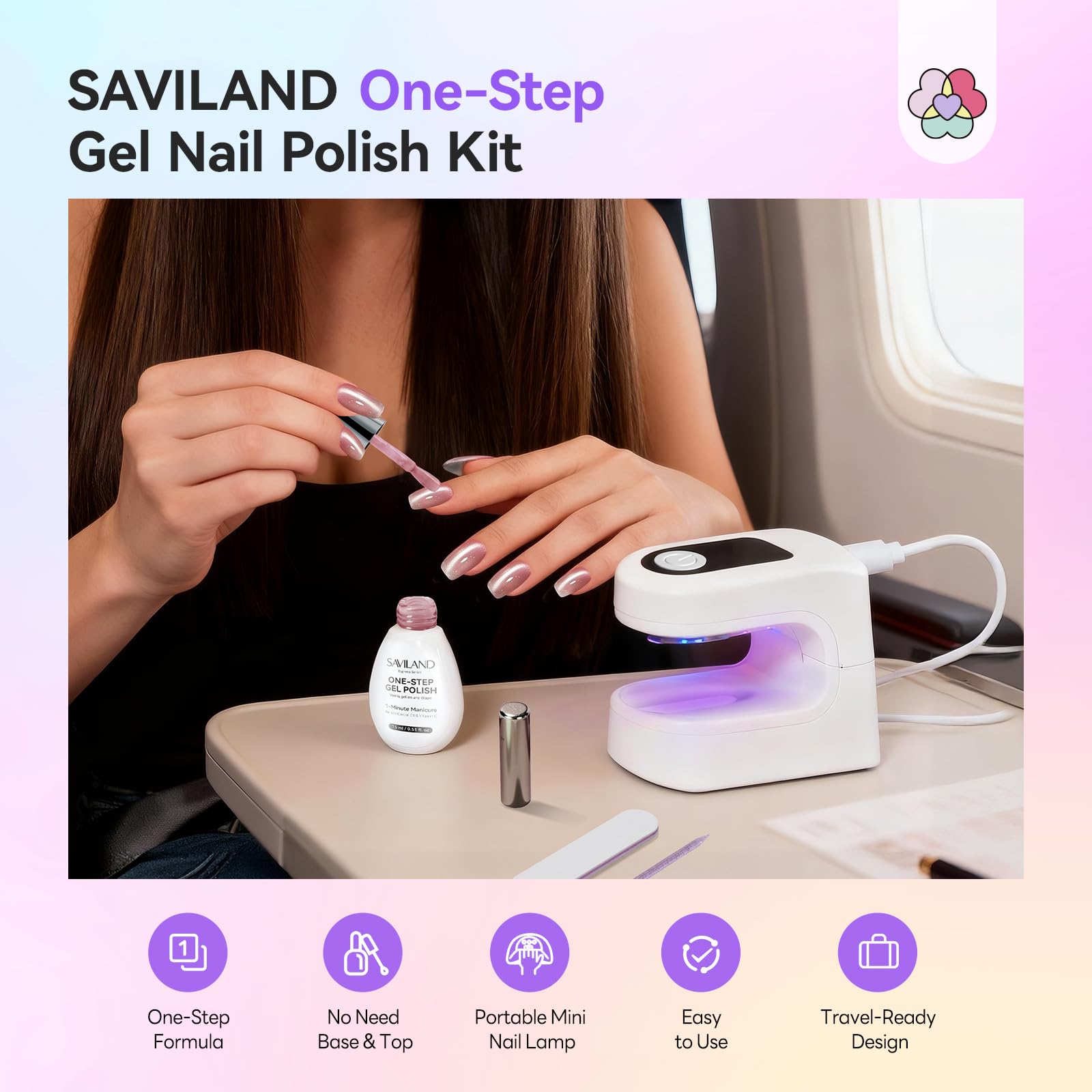SAVILAND One-Step Gel Nail Polish Kit – Lilac Haze Cat Eye 5-in-1 Gel with Mini UV Lamp (15ml)