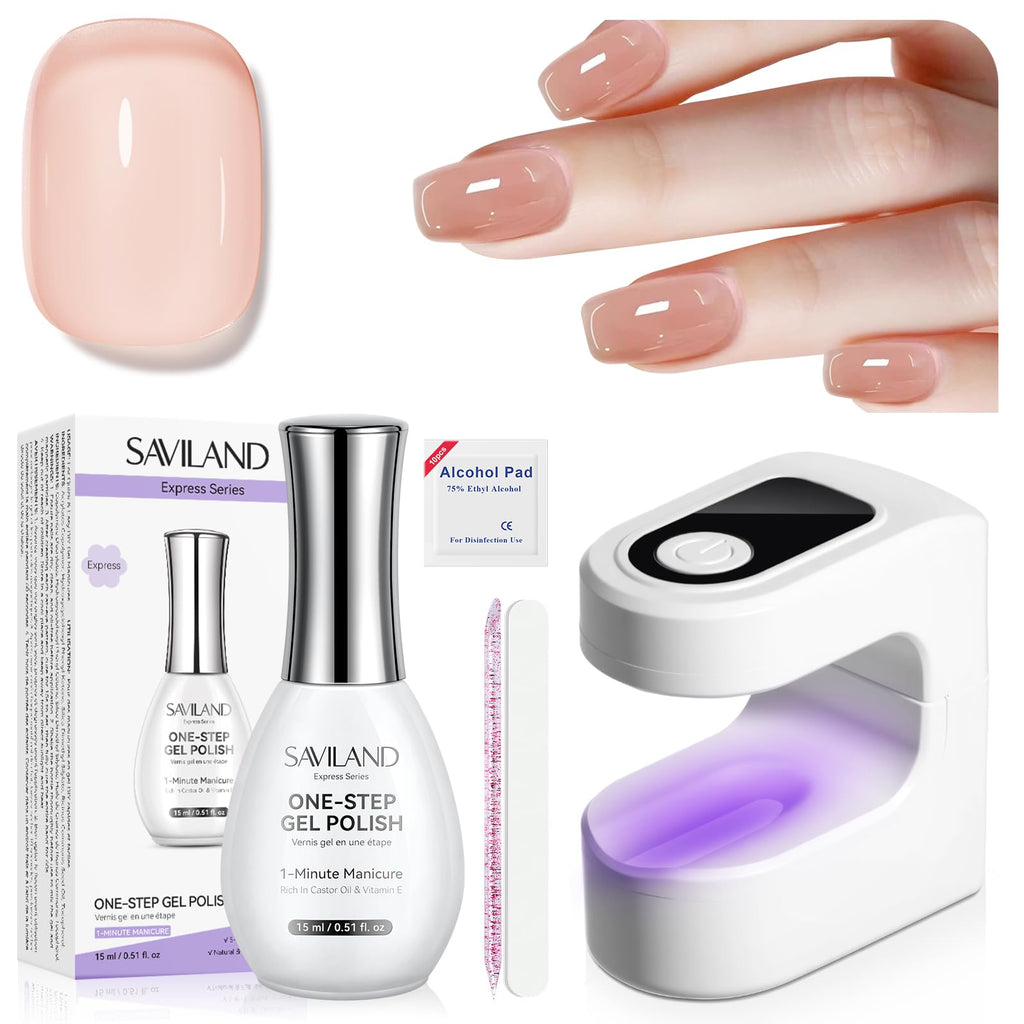 SAVILAND One-Step Gel Nail Polish Kit – Sheer Jelly Nude 5-in-1, Quick-Cure UV Lamp, Home DIY Manicure