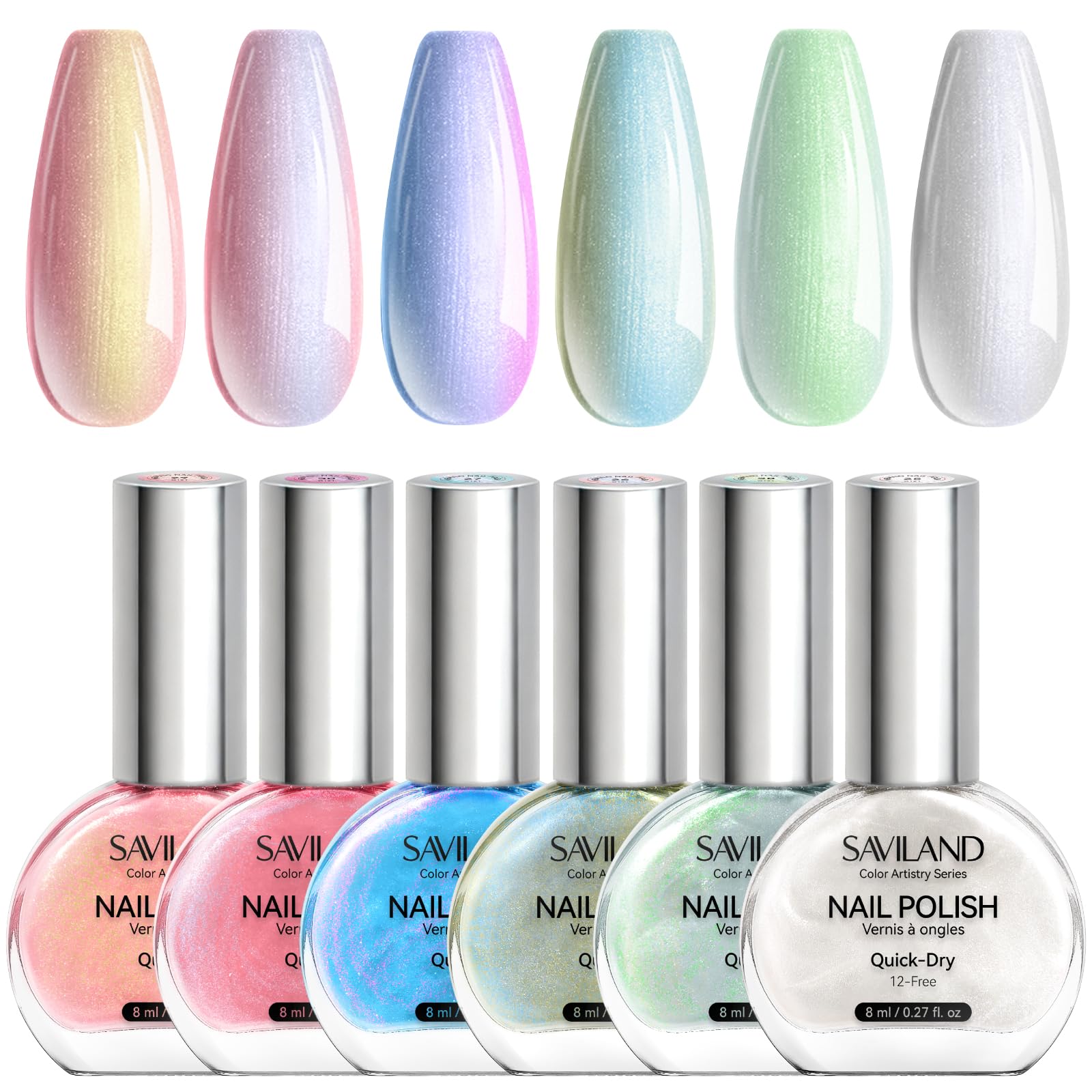 SAVILAND Pearlescent Nail Polish Set – 6-Color Quick-Dry Mermaid Nail Lacquer with Castor Oil (12-Free) – Aurora Collection